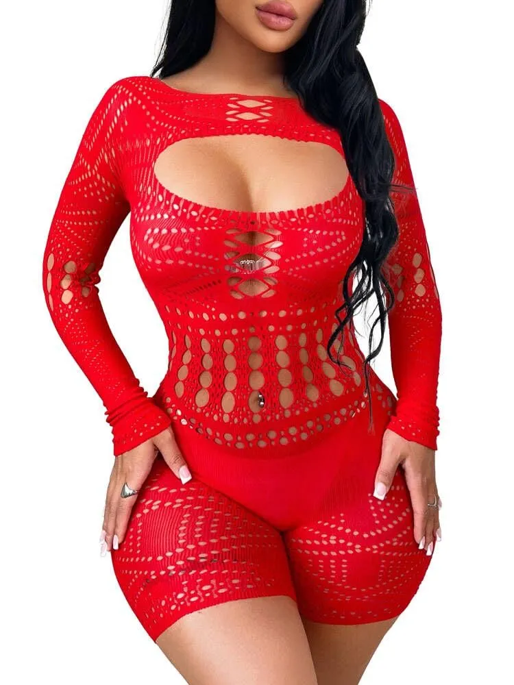 Buitifo Donna Lingerie Fishnet Bodystocking Jumpsuit Romper, Rosso ZJ, M - immagine 1