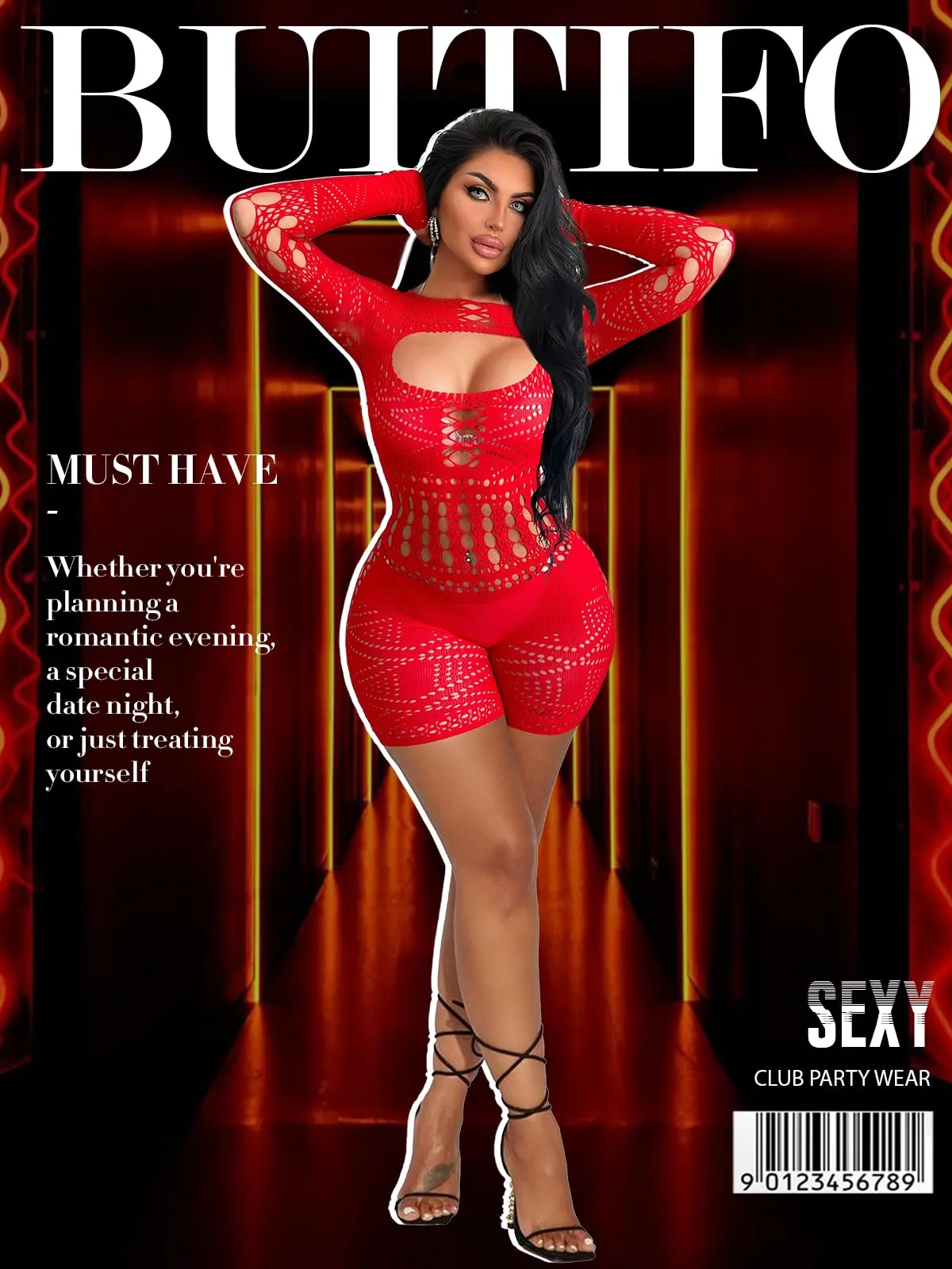 Buitifo Donna Lingerie Fishnet Bodystocking Jumpsuit Romper, Rosso ZJ, M - immagine 3