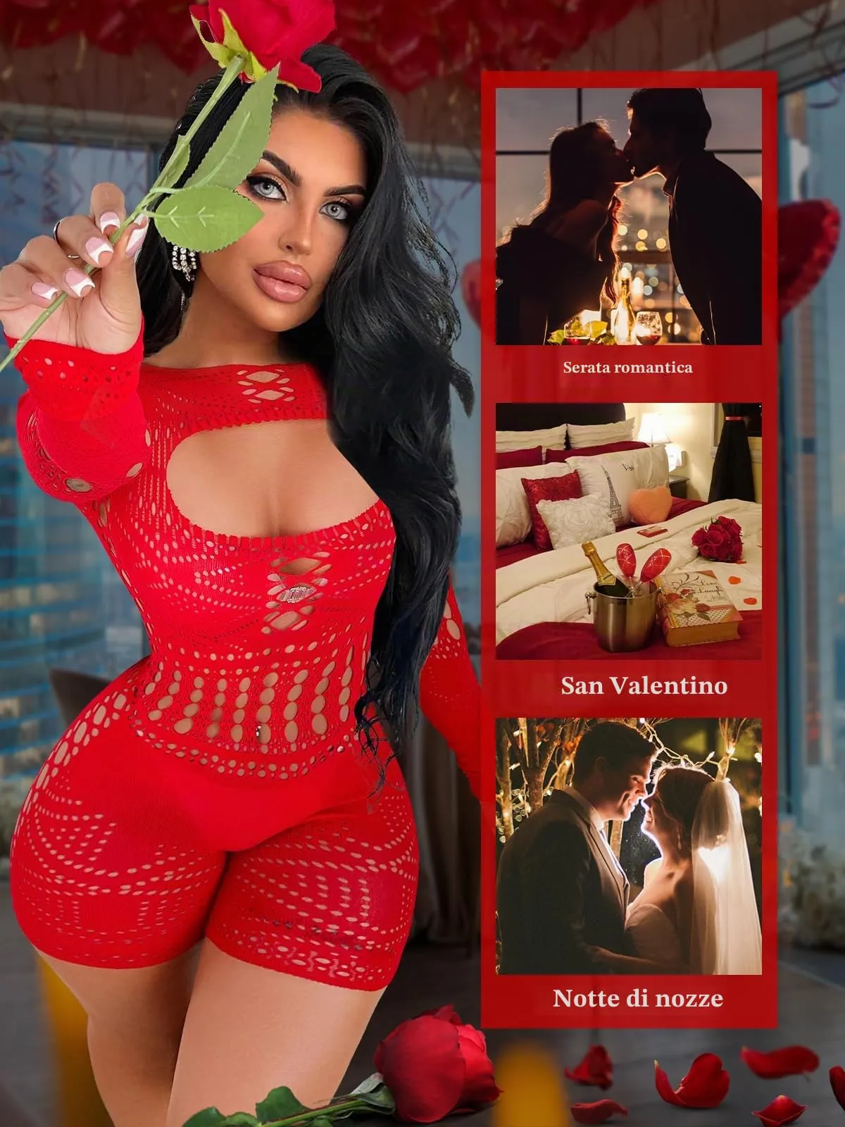 Buitifo Donna Lingerie Fishnet Bodystocking Jumpsuit Romper, Rosso ZJ, M - immagine 4