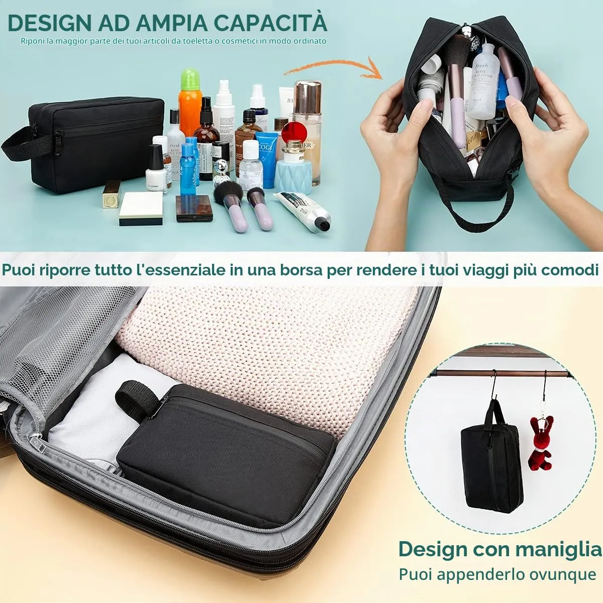 FUNSEED Beauty Case da Viaggio per Articoli da Toeletta e Cosmetici, Nero - immagine 3
