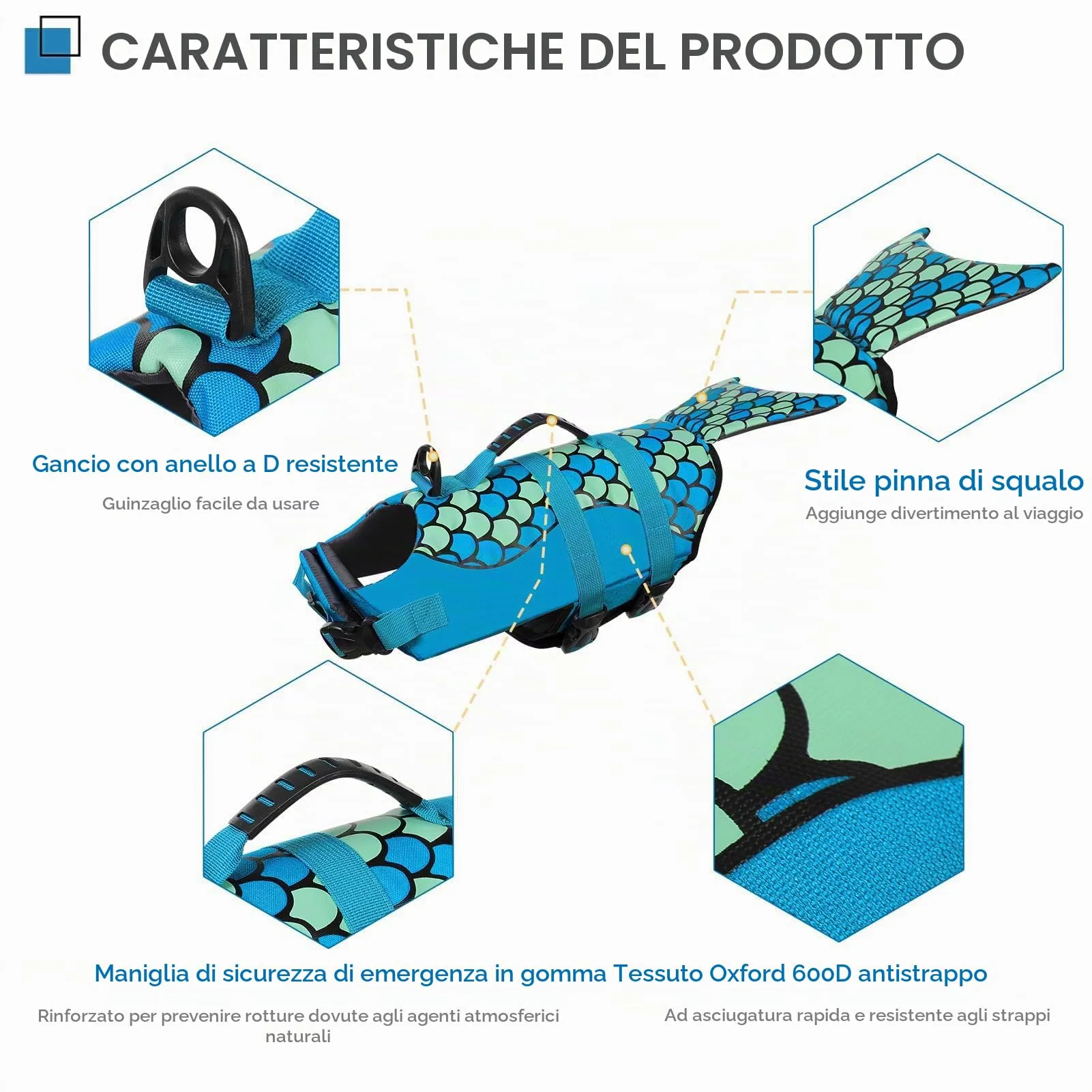 CITÉTOILE Giubbotto di Salvataggio per Cani a Forma di Sirena con Manico, Blu, Taglia M - immagine 3