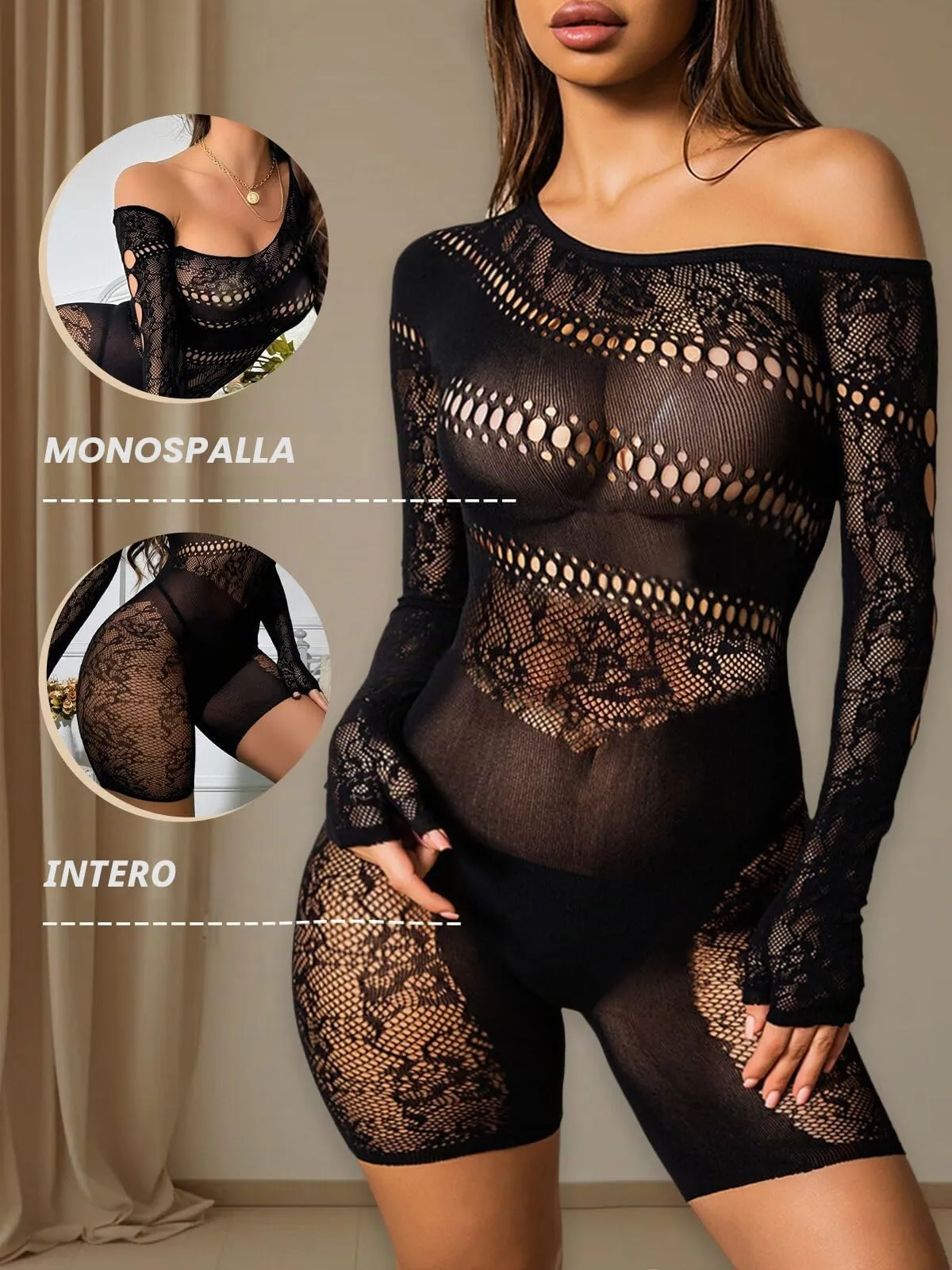 Buitifo Donna Lingerie Fishnet Bodystocking Romper, Nero OS, M - immagine 2