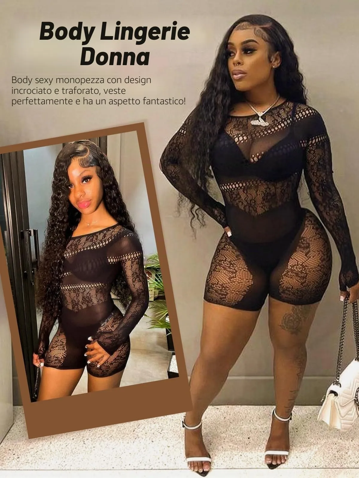 Buitifo Donna Lingerie Fishnet Bodystocking Romper, Nero OS, M - immagine 4