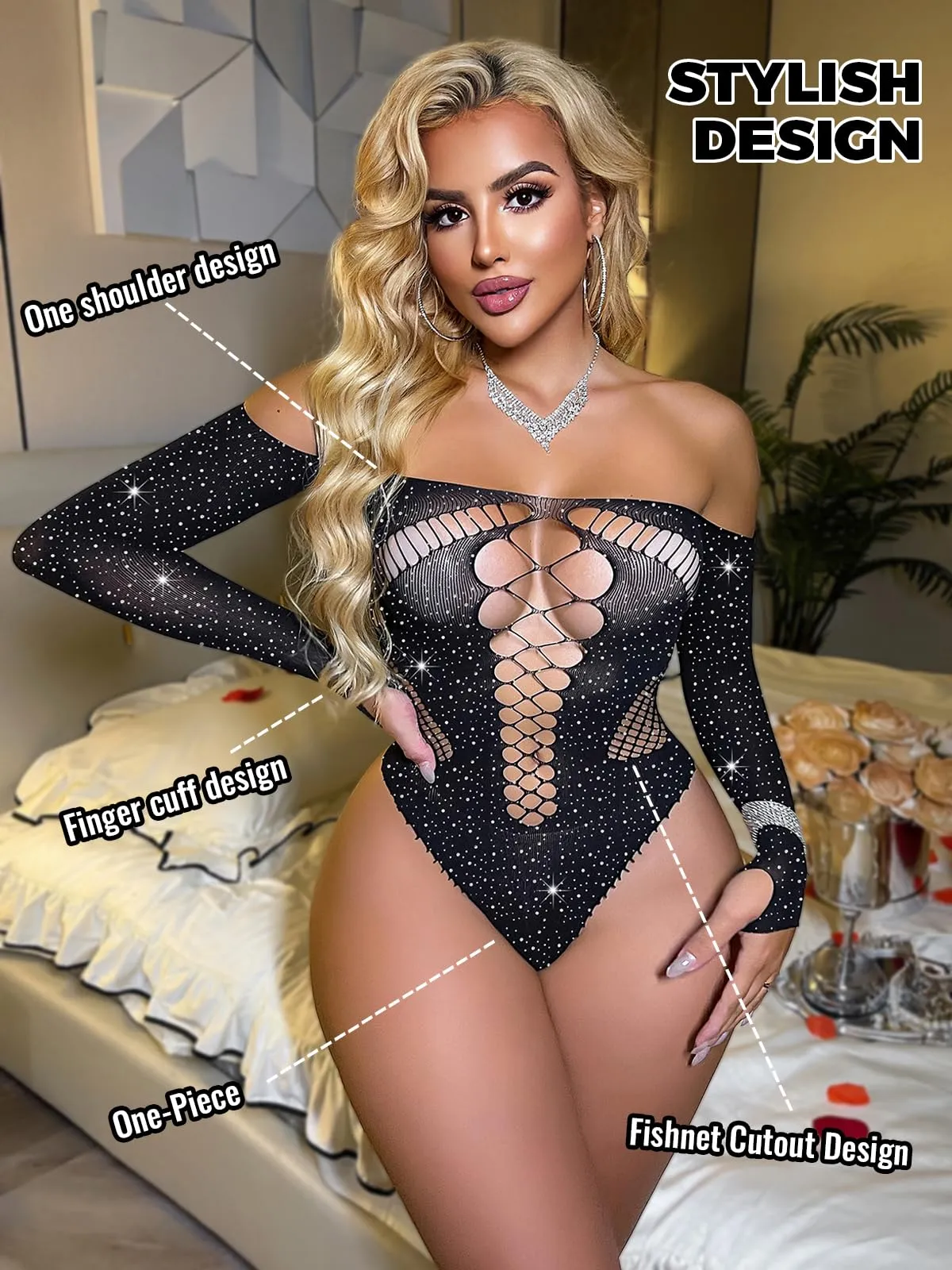 Buitifo Body da Donna con Strass, Nero, M - immagine 3