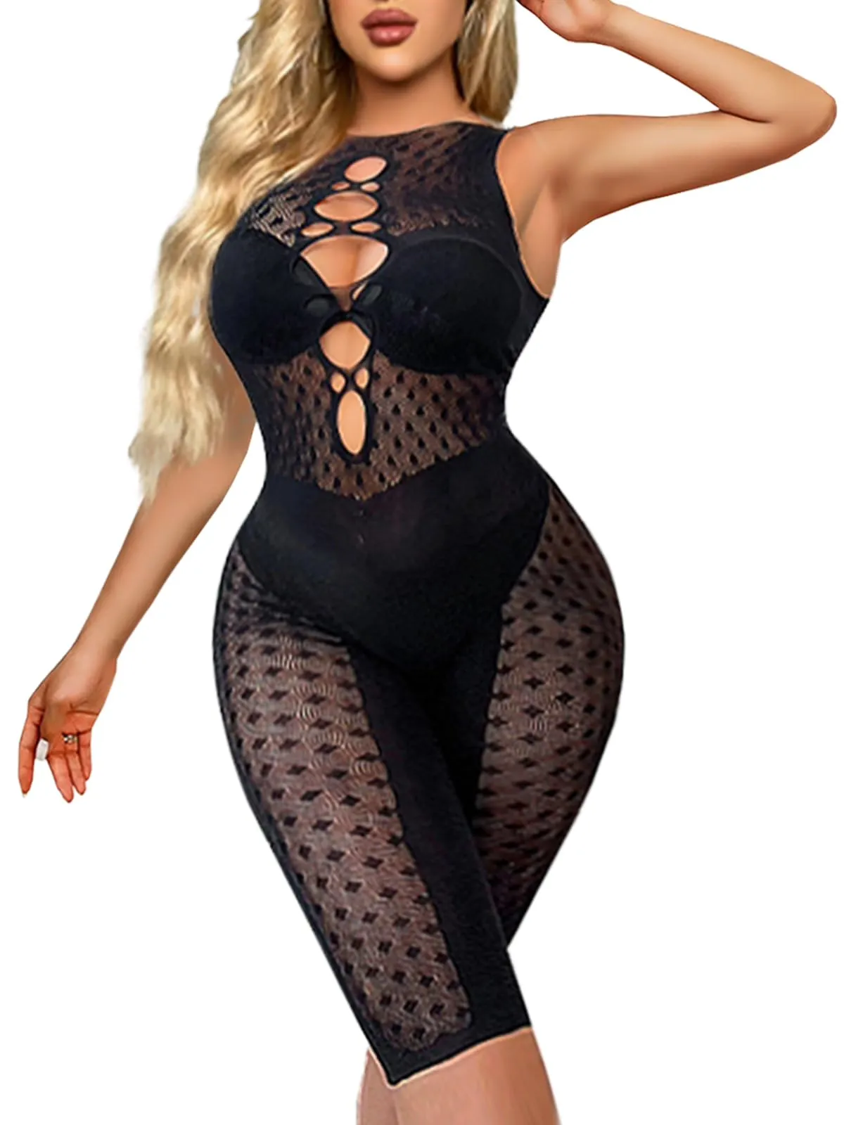 Buitifo Donna Lingerie Fishnet Bodysuit Romper, Nero XZ, M - immagine 1