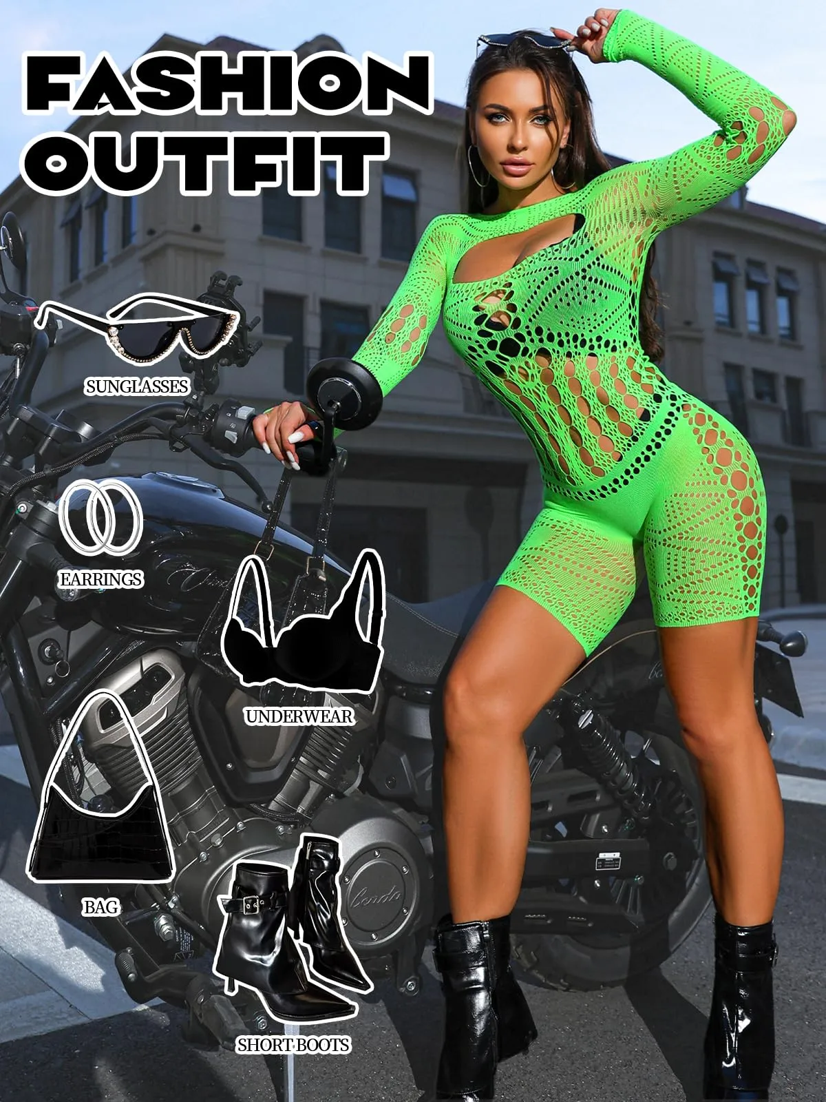 Buitifo Donna Lingerie Fishnet Bodystocking Jumpsuit Romper (Verde ZJ, M) - immagine 3