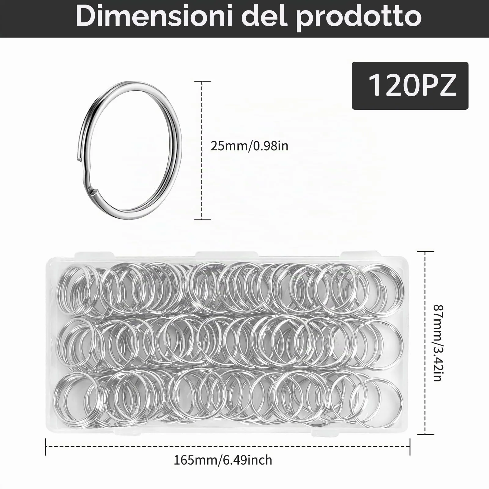 KTPCN Set di 120 anelli portachiavi rotondi 25 mm con scatola - immagine 2