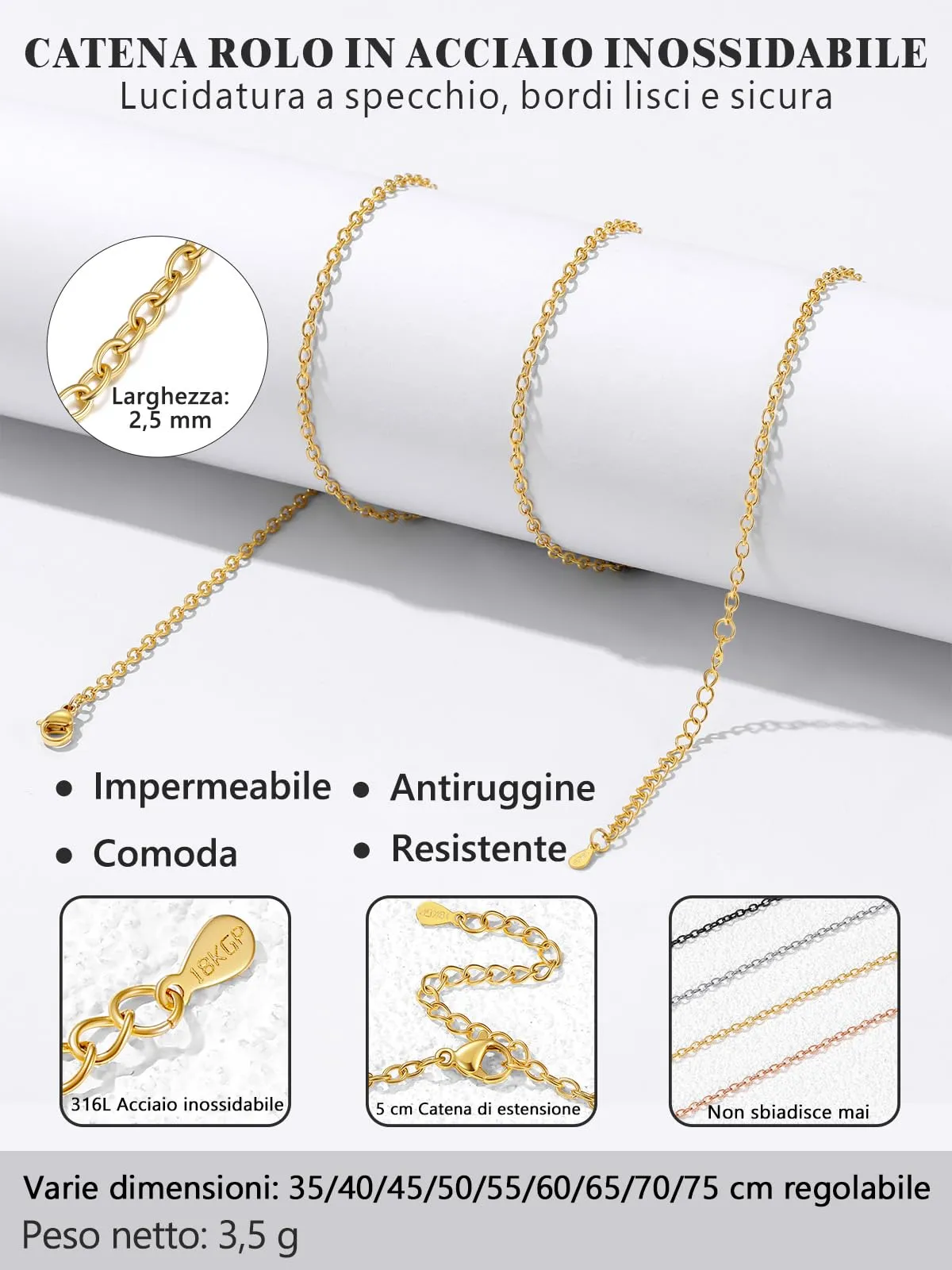 Silvora Collana Catena in Acciaio 2,5mm Oro, 35cm - immagine 8