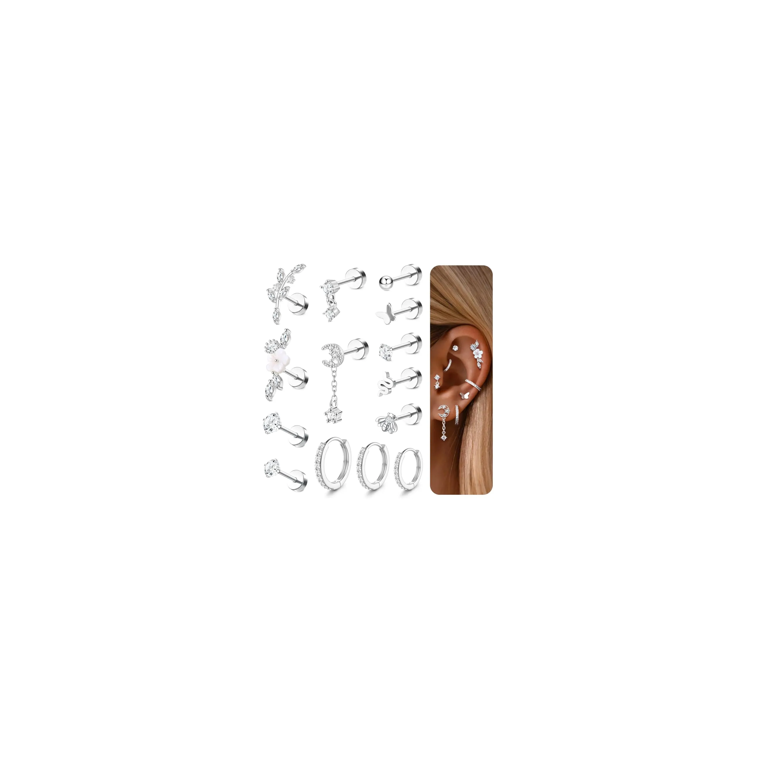 Adramata Set di Orecchini per Piercing 16G in Acciaio Inossidabile, 12/14 Pezzi - immagine 1