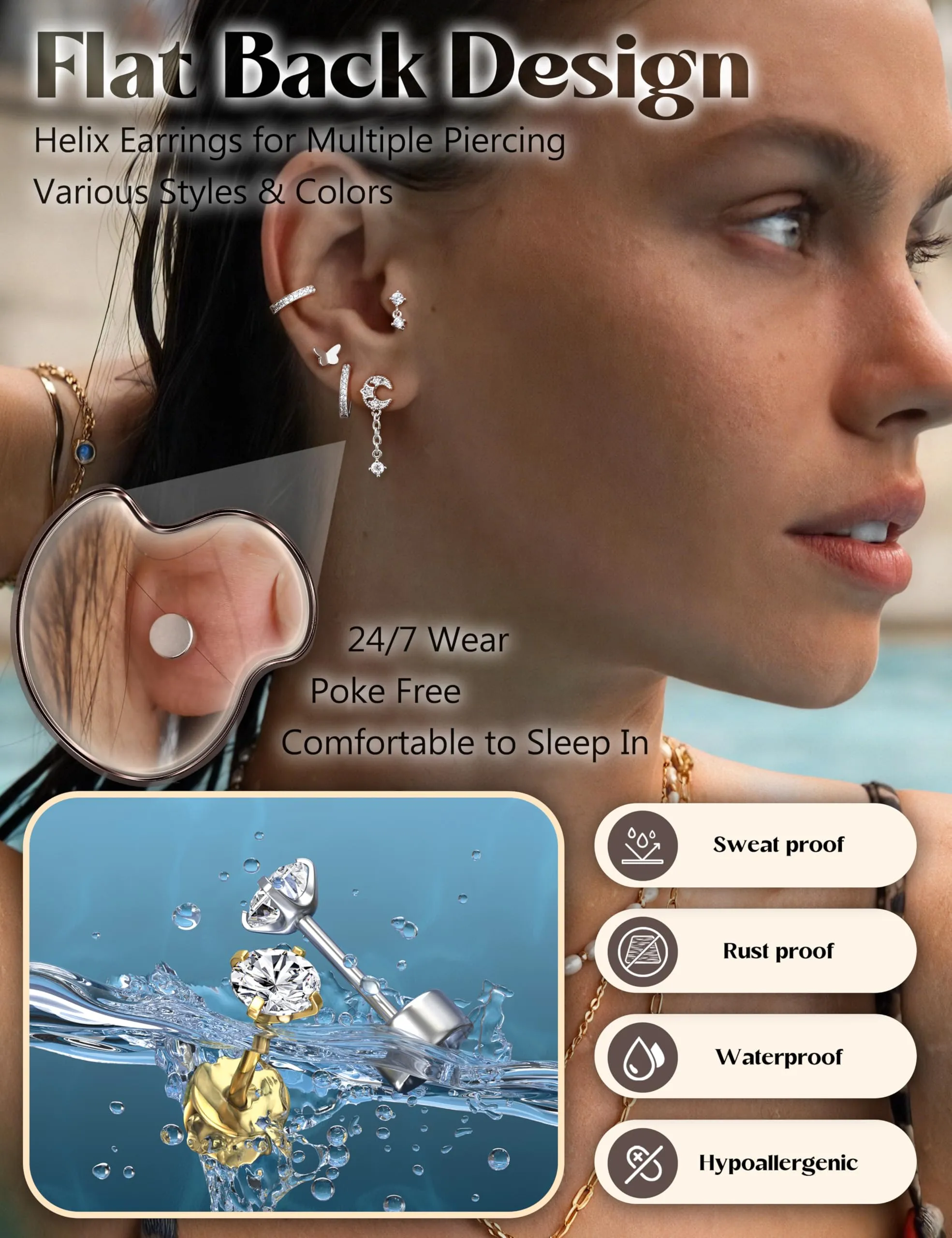 Adramata Set di Orecchini per Piercing 16G in Acciaio Inossidabile, 12/14 Pezzi - immagine 2