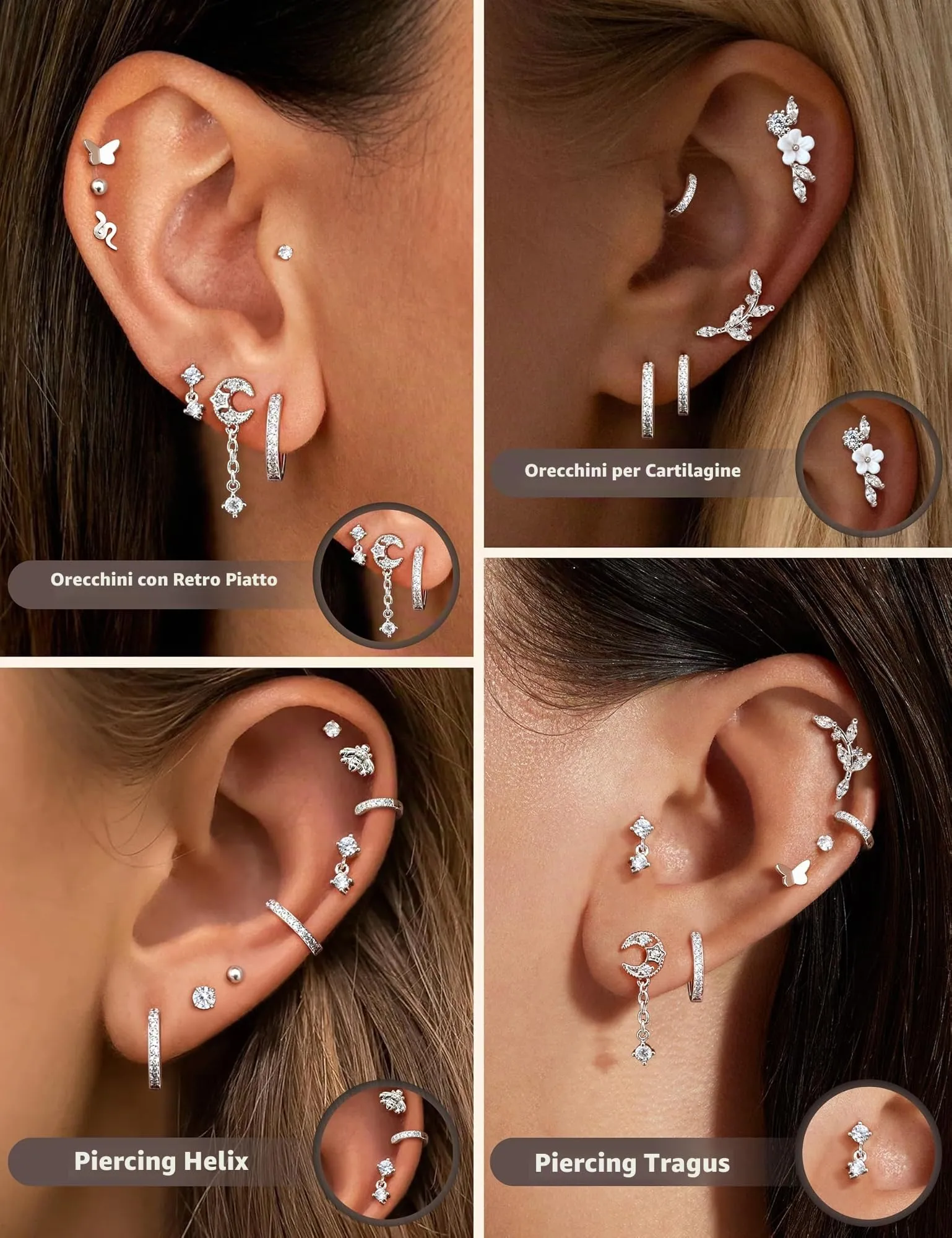 Adramata Set di Orecchini per Piercing 16G in Acciaio Inossidabile, 12/14 Pezzi - immagine 4