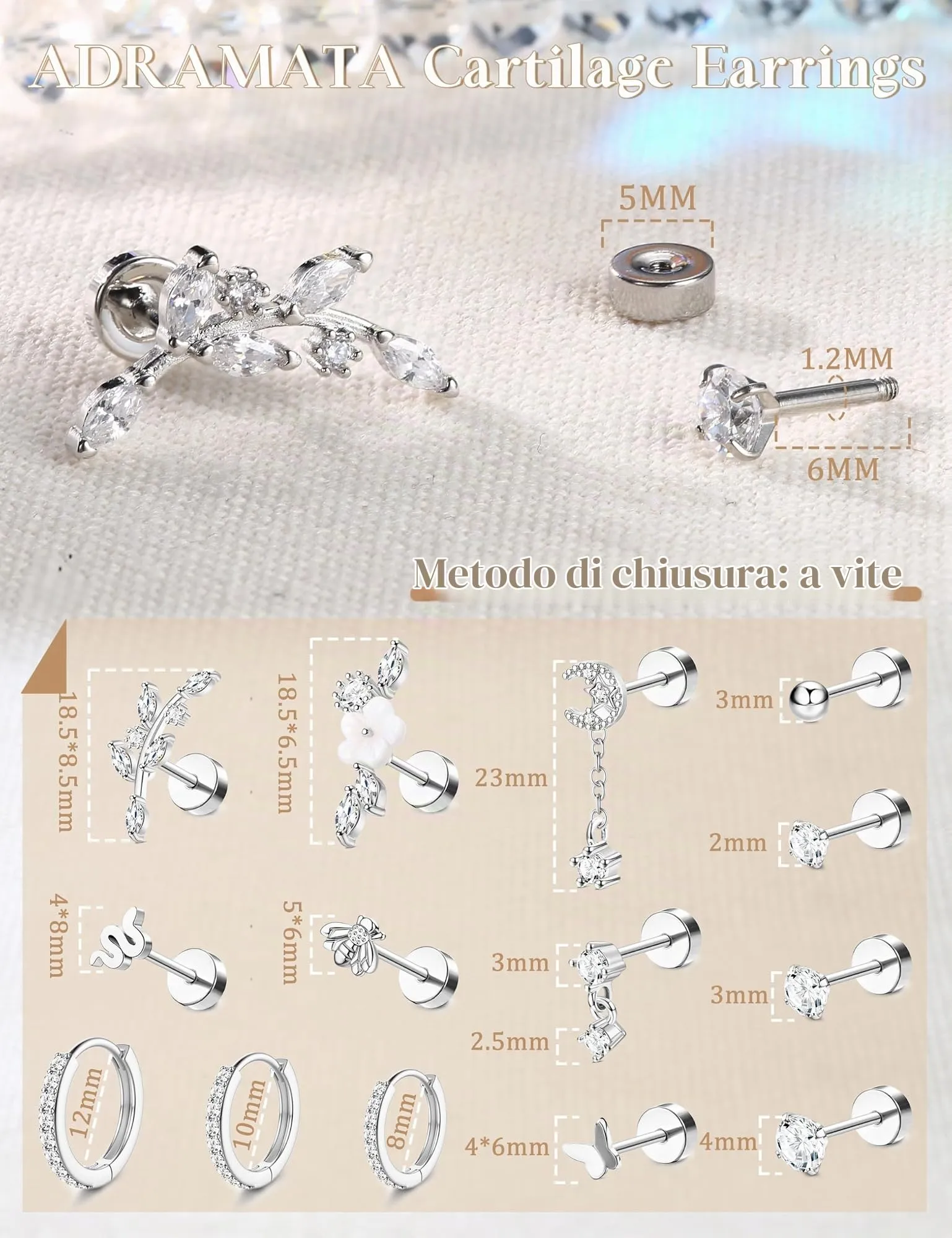 Adramata Set di Orecchini per Piercing 16G in Acciaio Inossidabile, 12/14 Pezzi - immagine 5