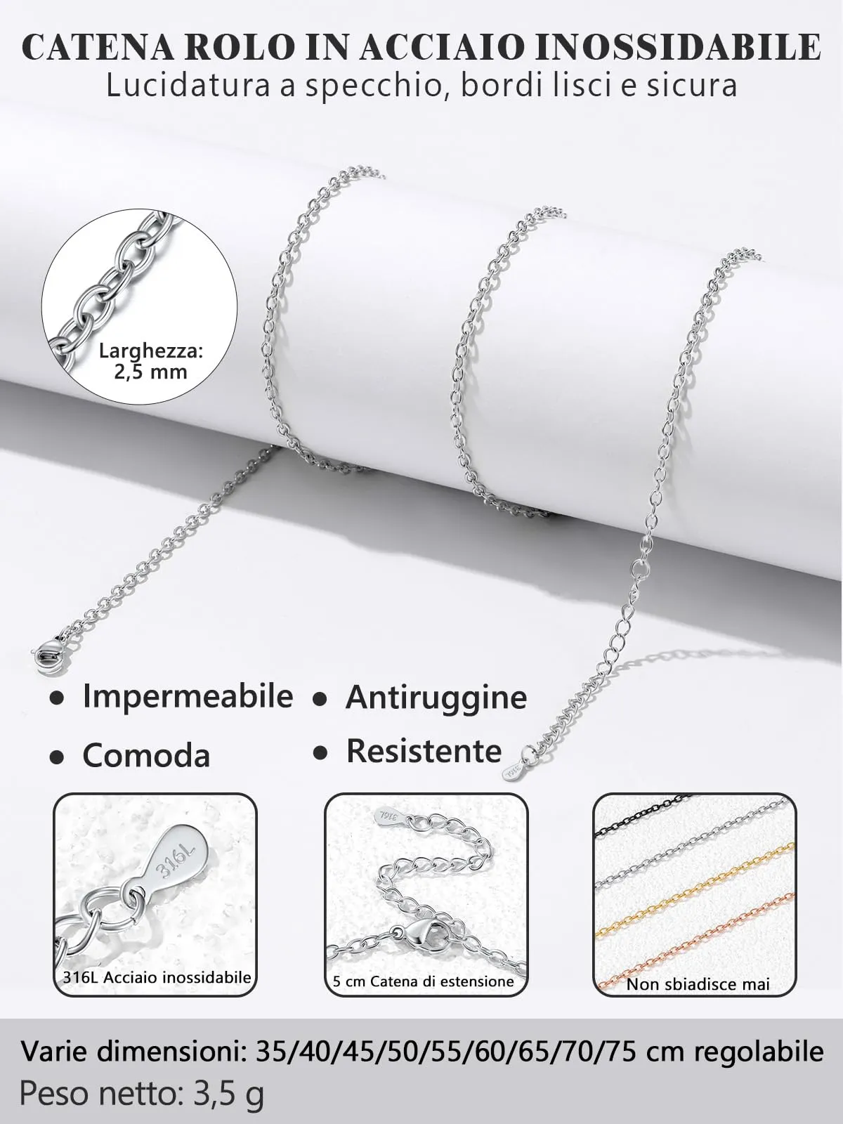 Silvora Collana Catena in Acciaio Inossidabile 316L per Donna e Uomo, Argento, 2,5mm, 65cm - immagine 8
