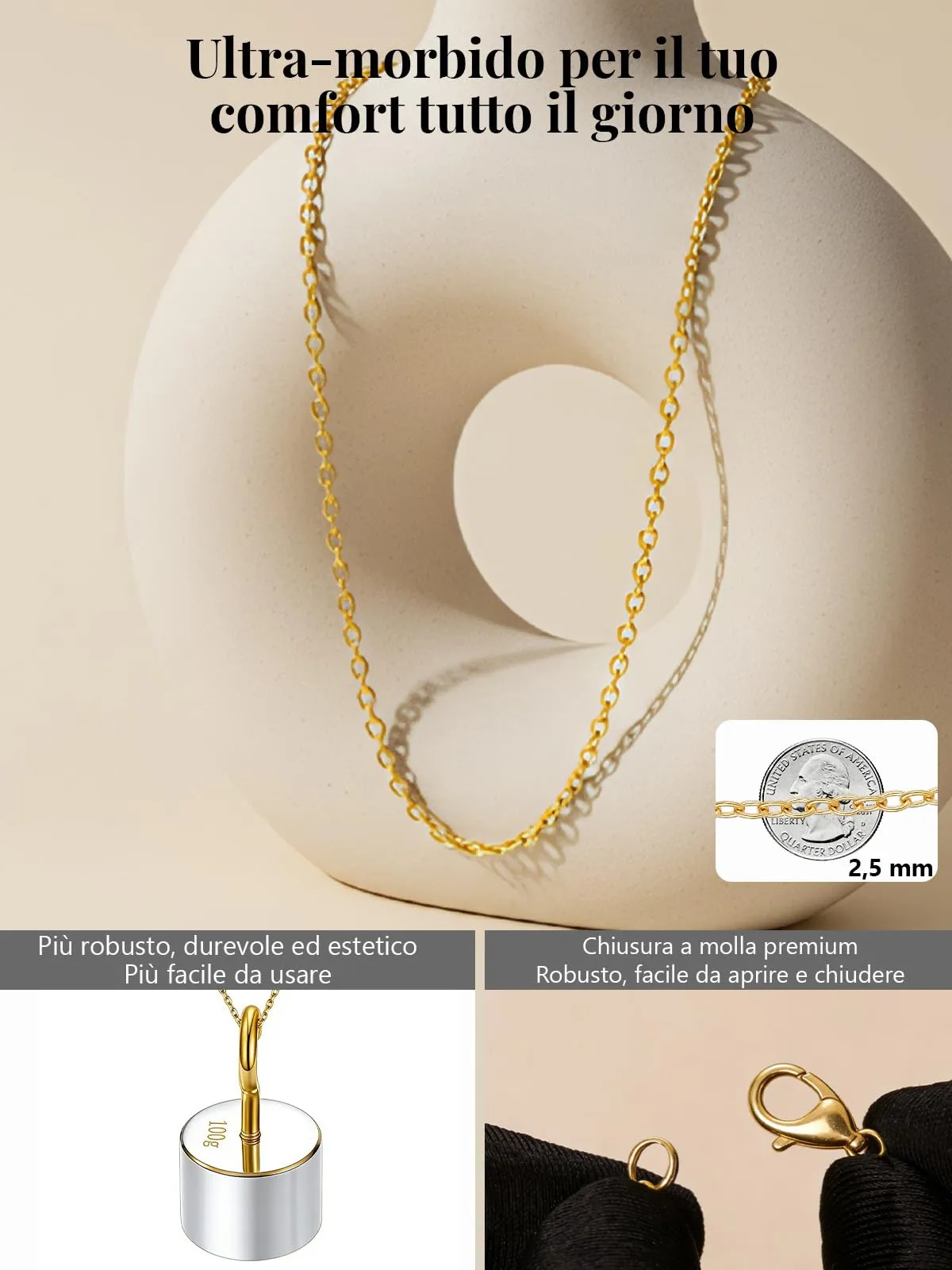 Silvora Collana Catena in Acciaio 2,5mm Oro, 60cm, Unisex - immagine 7