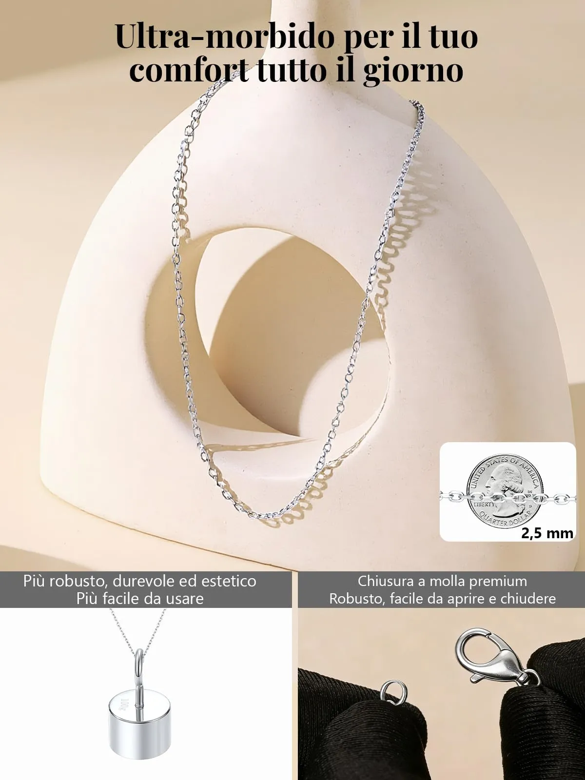 Silvora Collana Catena in Acciaio 2,5mm Argento 35cm Unisex - immagine 8