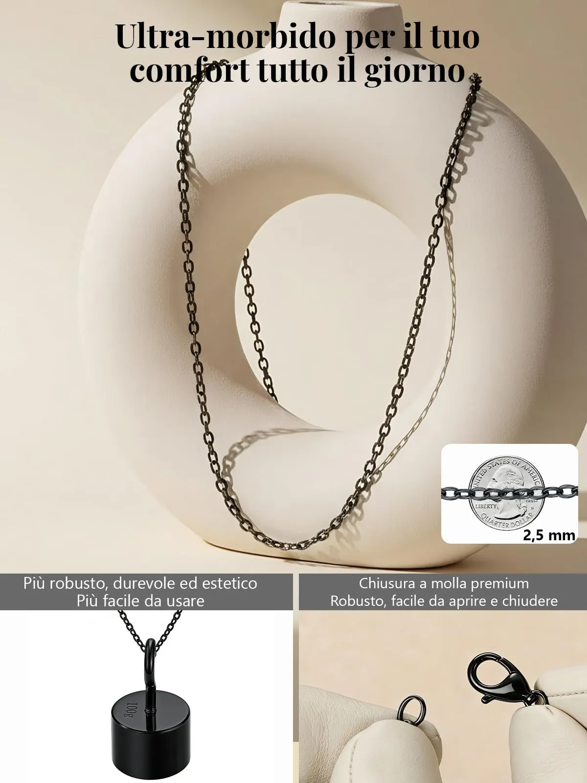 Silvora Collana Catena in Acciaio Unisex, 2,5mm, Nero, 70cm - immagine 7