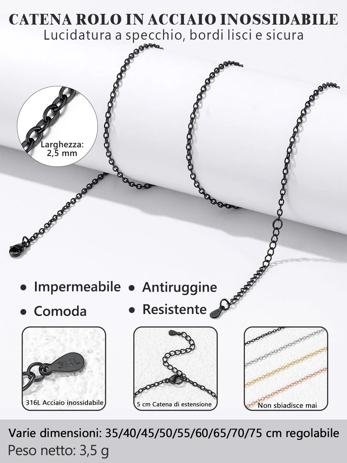 Silvora Collana Catena in Acciaio Unisex, 2,5mm, Nero, 70cm - immagine 8