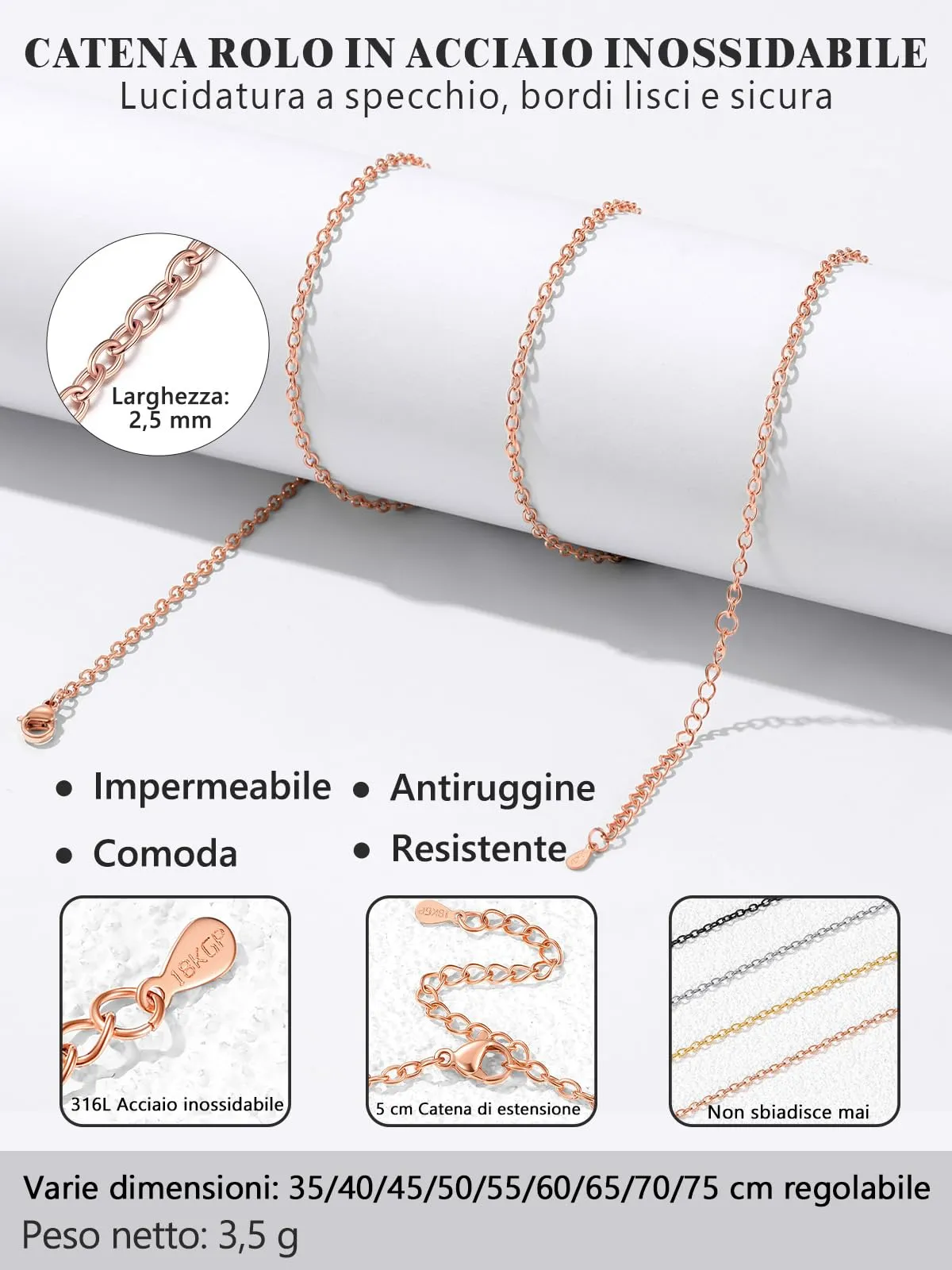 Silvora Collana Catena in Acciaio Oro Rosa, 2,5mm, 55cm - immagine 8