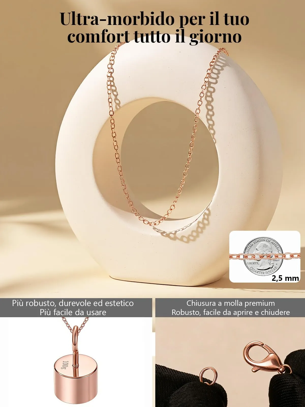 Silvora Collana Catena in Acciaio Inossidabile 316L, Oro Rosa, 2,5mm, 45cm - immagine 7