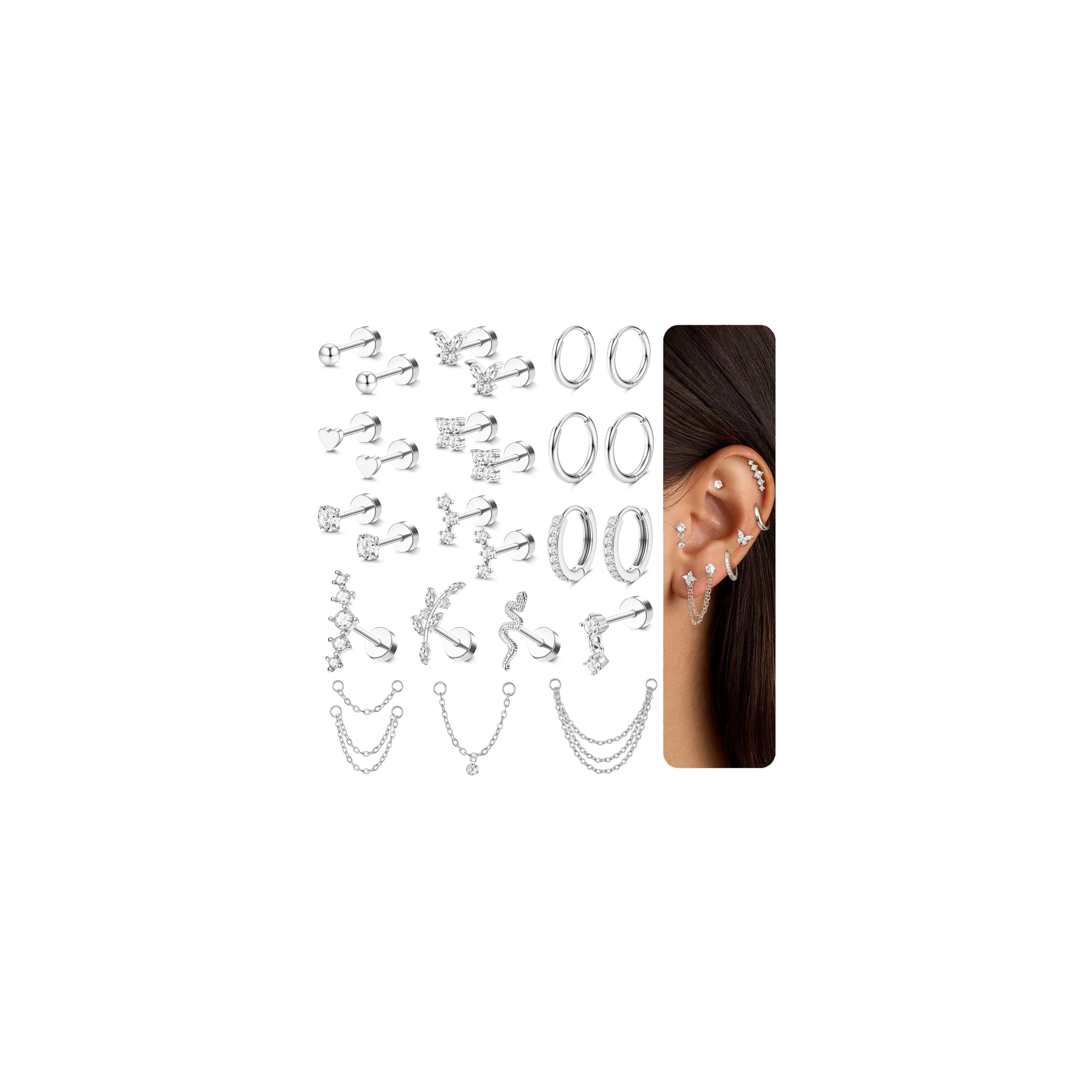 Chriscoco Set 22 Pezzi Orecchini in Acciaio Chirurgico 316L Placcato Oro 14K e Argento per Helix, Trago, Conch e Cartilagine - immagine 1