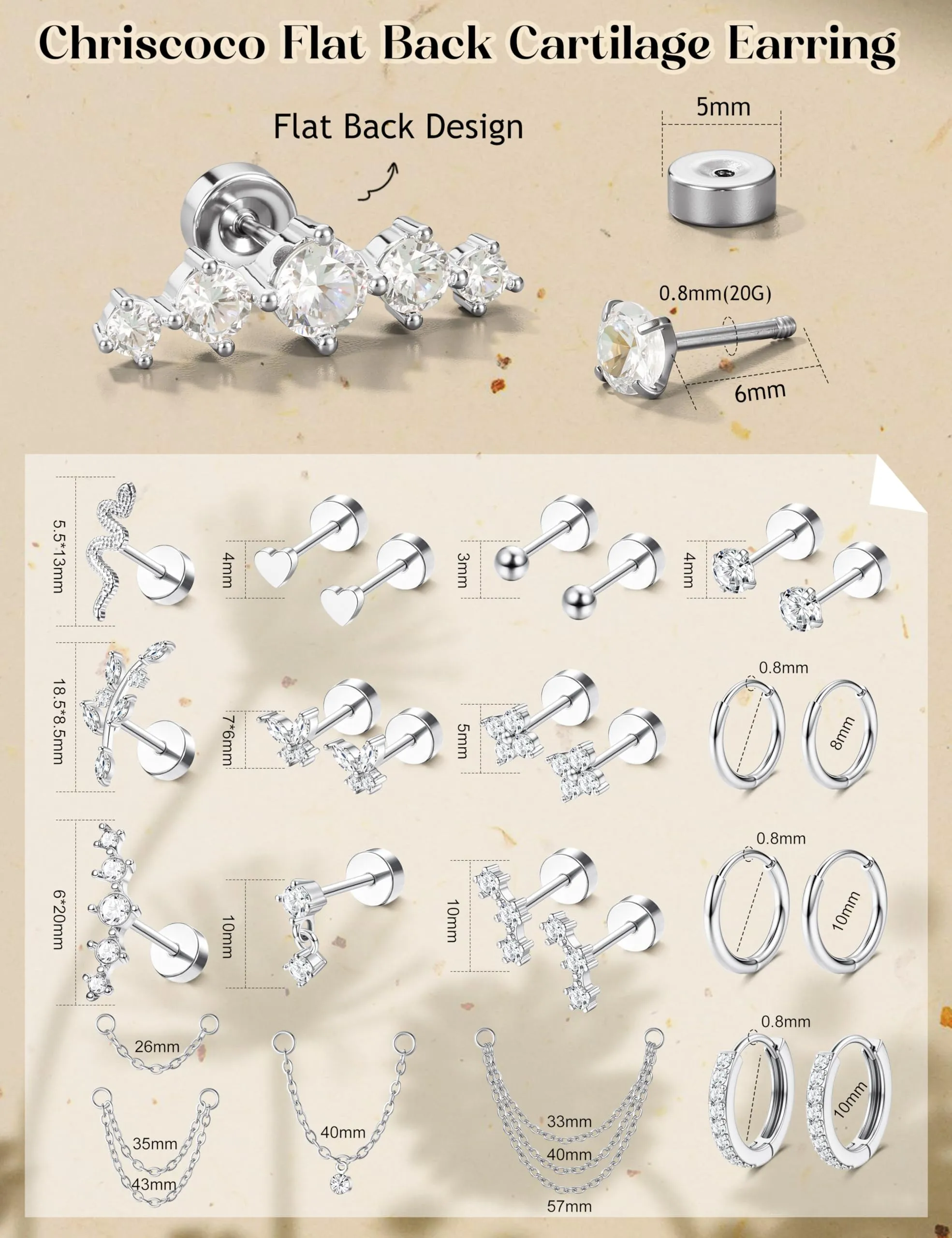 Chriscoco Set 22 Pezzi Orecchini in Acciaio Chirurgico 316L Placcato Oro 14K e Argento per Helix, Trago, Conch e Cartilagine - immagine 2
