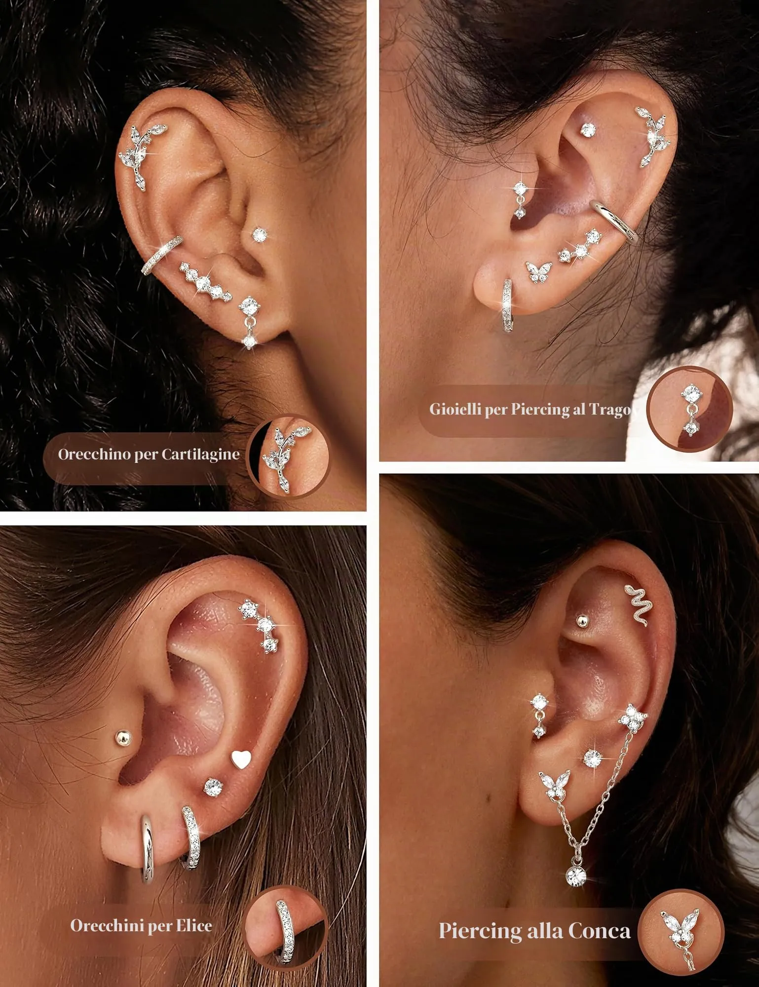 Chriscoco Set 22 Pezzi Orecchini in Acciaio Chirurgico 316L Placcato Oro 14K e Argento per Helix, Trago, Conch e Cartilagine - immagine 3