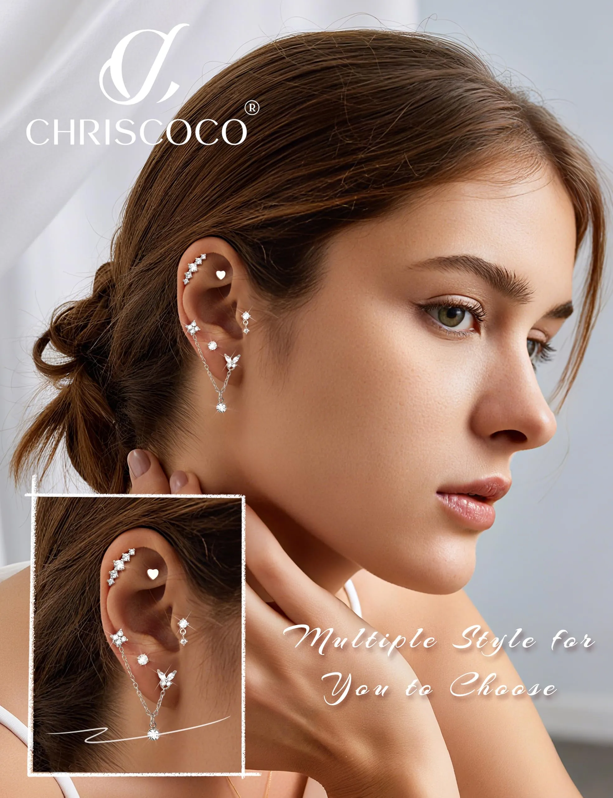 Chriscoco Set 22 Pezzi Orecchini in Acciaio Chirurgico 316L Placcato Oro 14K e Argento per Helix, Trago, Conch e Cartilagine - immagine 5