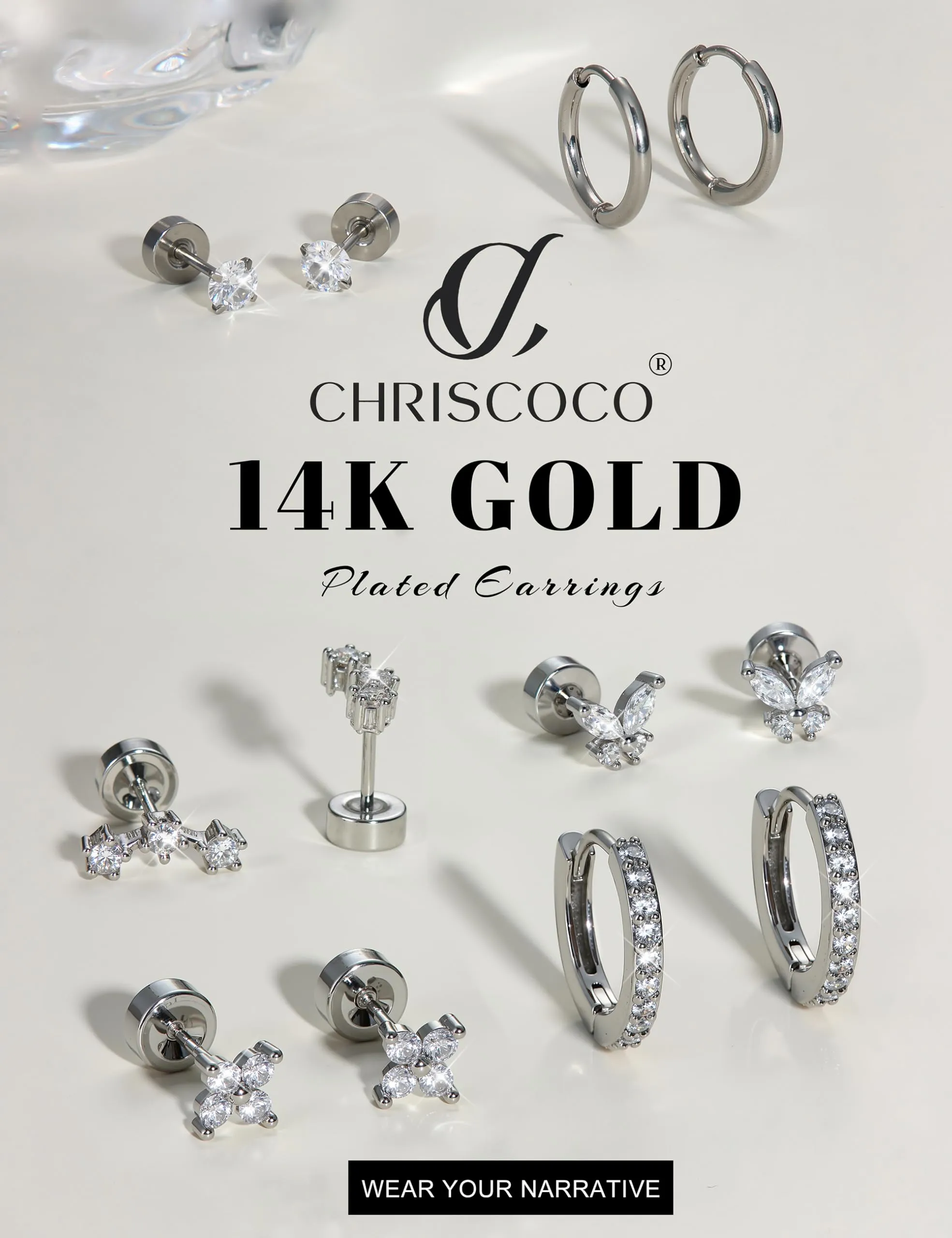 Chriscoco Set 22 Pezzi Orecchini in Acciaio Chirurgico 316L Placcato Oro 14K e Argento per Helix, Trago, Conch e Cartilagine - immagine 7