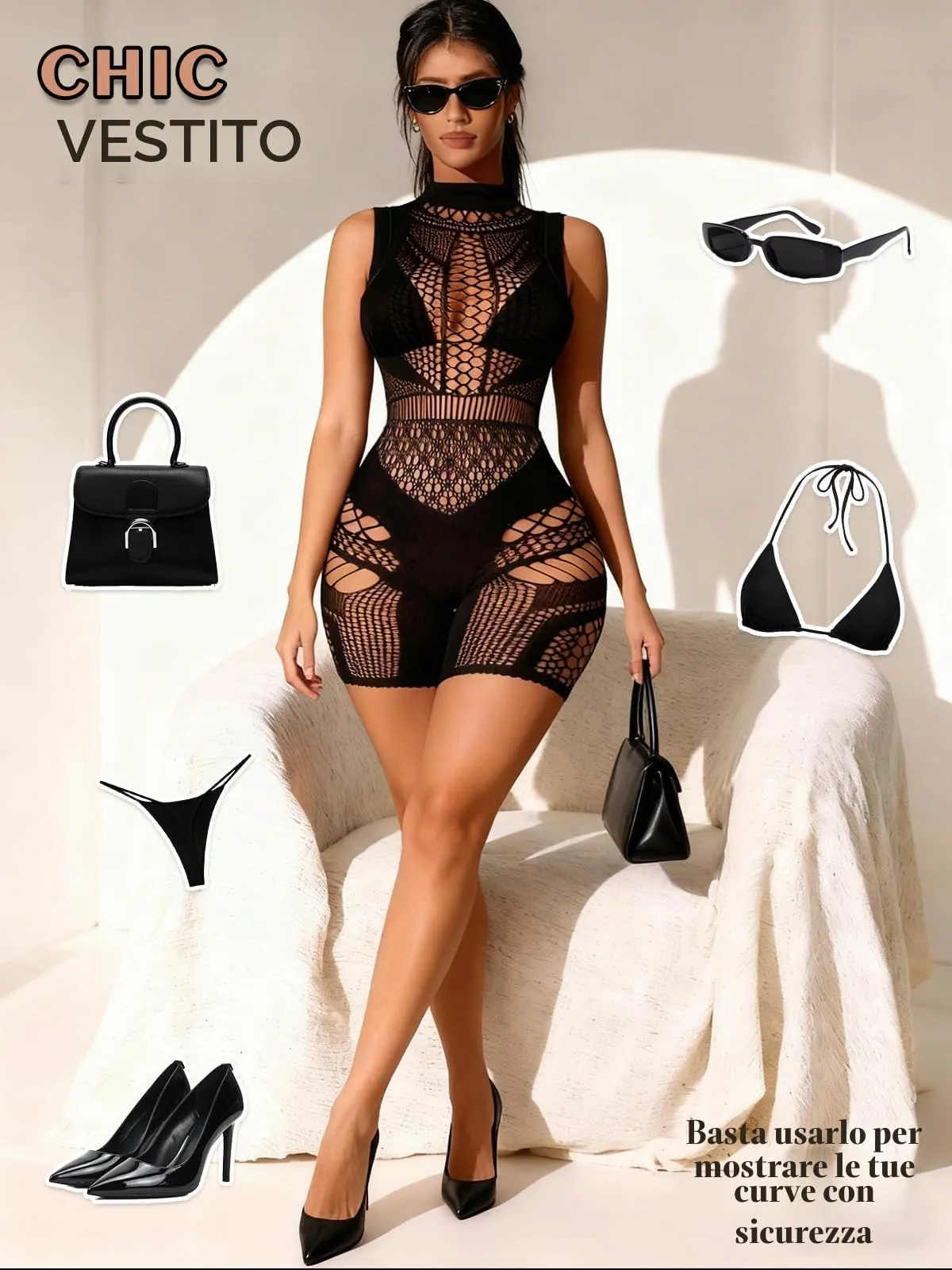 Buitifo Donna Lingerie Fishnet Bodysuit Romper, Nero bx, M - immagine 5