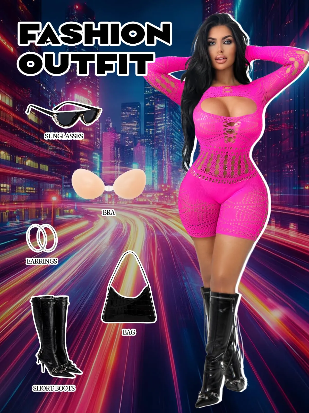 Buitifo Donna Lingerie Fishnet Bodysuit Romper - Rosa ZJ, M - immagine 4