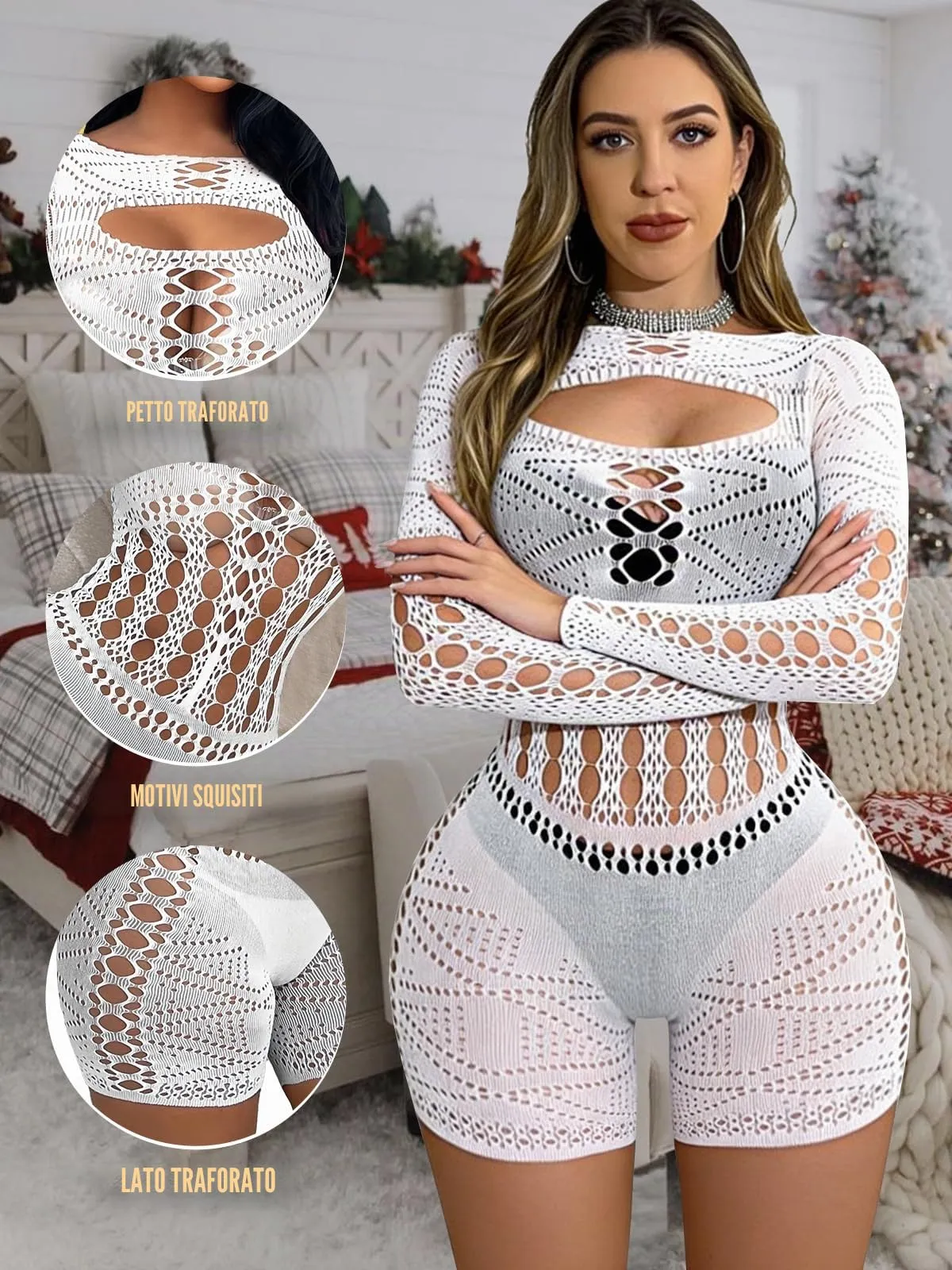 Buitifo Donna Lingerie Fishnet Bodystocking Jumpsuit Romper - Bianco ZJ, M - immagine 2