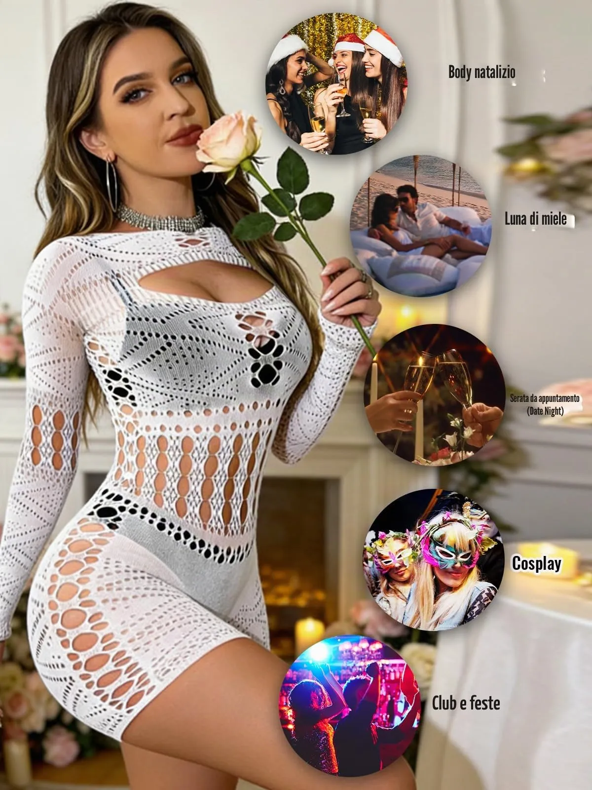 Buitifo Donna Lingerie Fishnet Bodystocking Jumpsuit Romper - Bianco ZJ, M - immagine 3