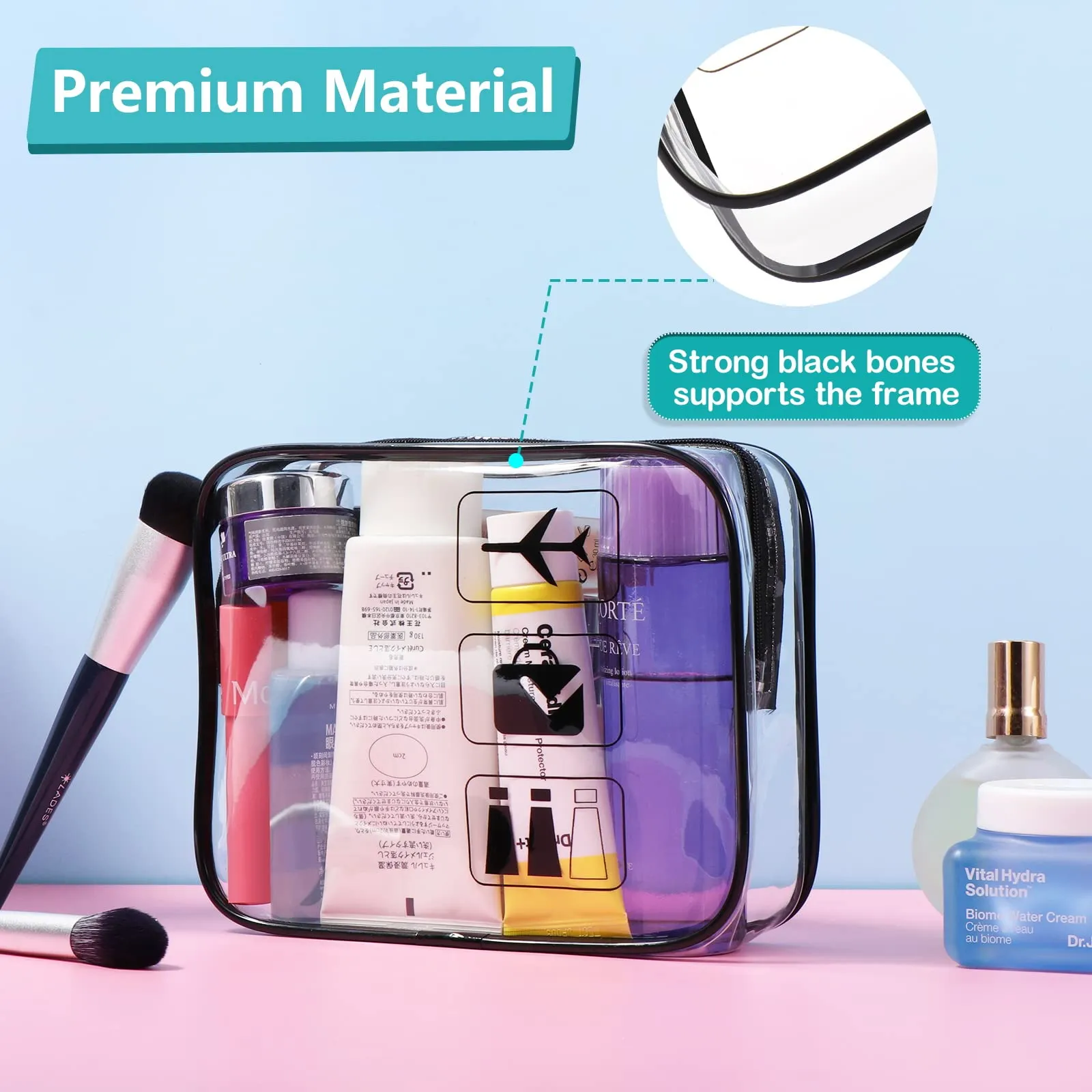 Oderra Beauty Case Trasparente con Zip, 2 Pezzi, 20.5 x 7 x 17 cm - immagine 5