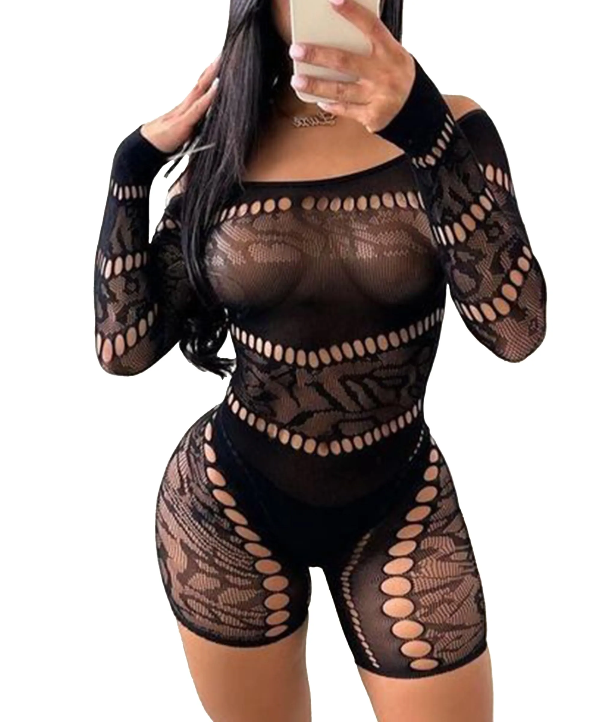 Buitifo Donna Lingerie Bodysuit Fishnet Bodystocking Jumpsuit Romper, Nero V, M - immagine 1