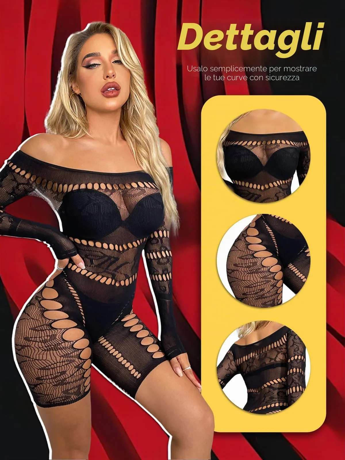 Buitifo Donna Lingerie Bodysuit Fishnet Bodystocking Jumpsuit Romper, Nero V, M - immagine 2
