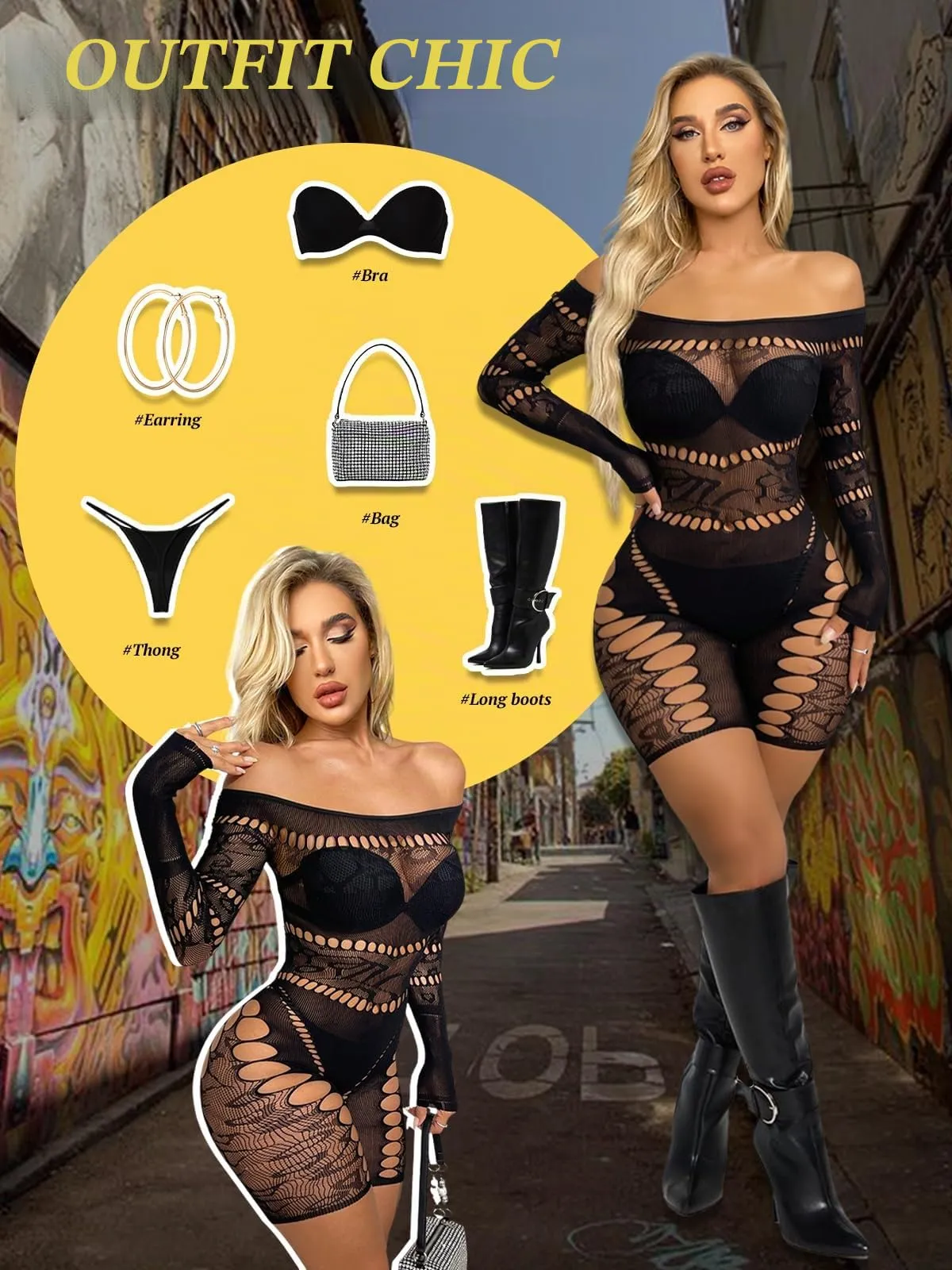 Buitifo Donna Lingerie Bodysuit Fishnet Bodystocking Jumpsuit Romper, Nero V, M - immagine 4