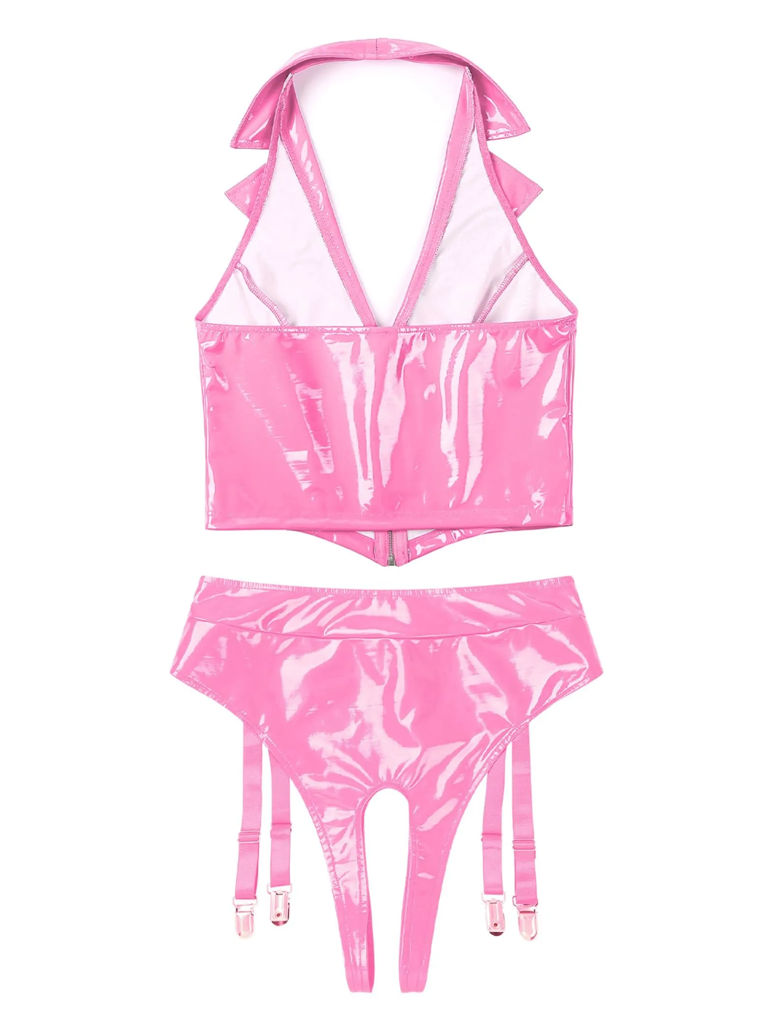 Sinleey Set Intimo in Pelle Verniciata Lucida con Giacca Crop Top e G-String, Rosa, 3XL - immagine 6