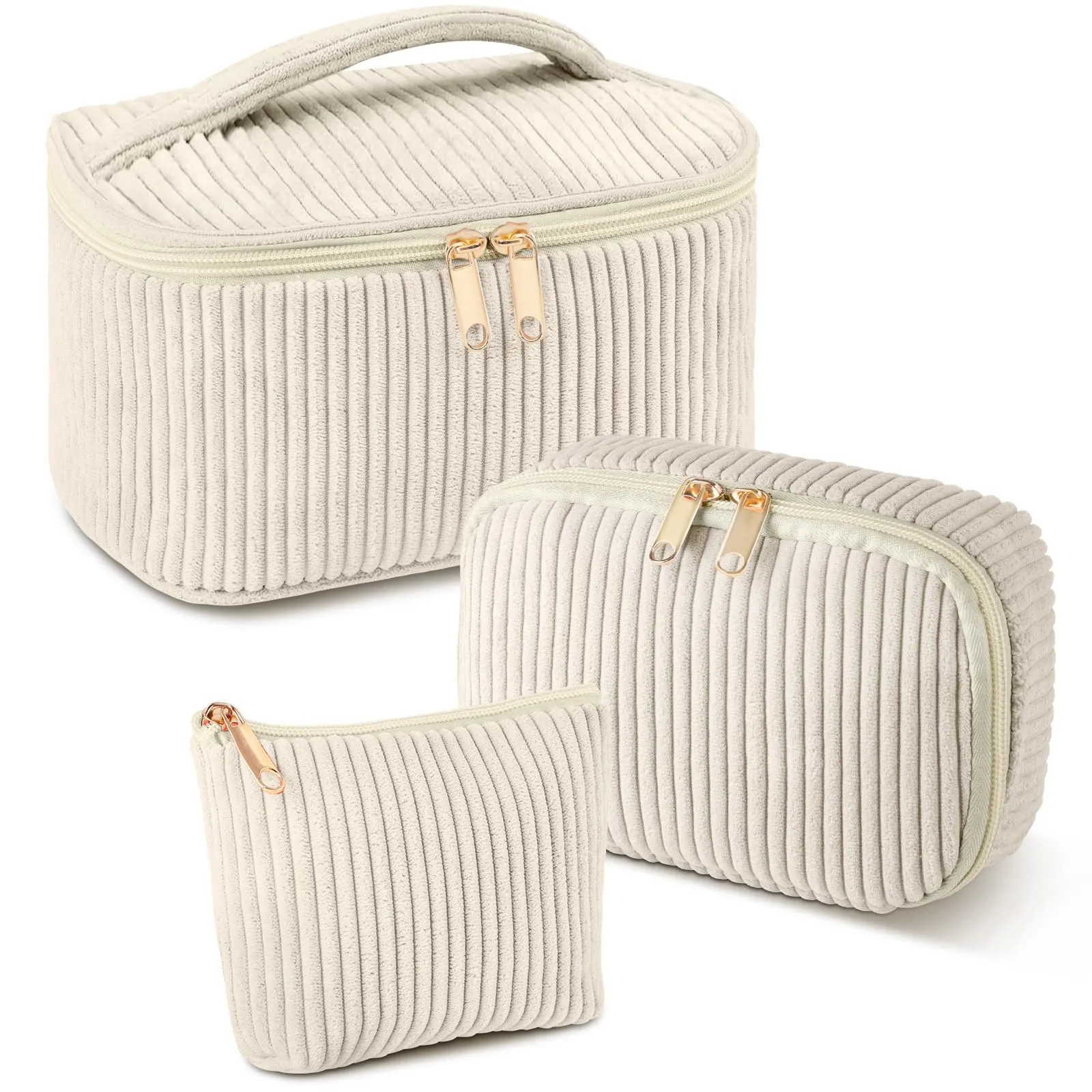 Aucuu Beauty Case, Set di 3 Borse da Toilette in Velluto a Costine per Trucco e Viaggio - immagine 1