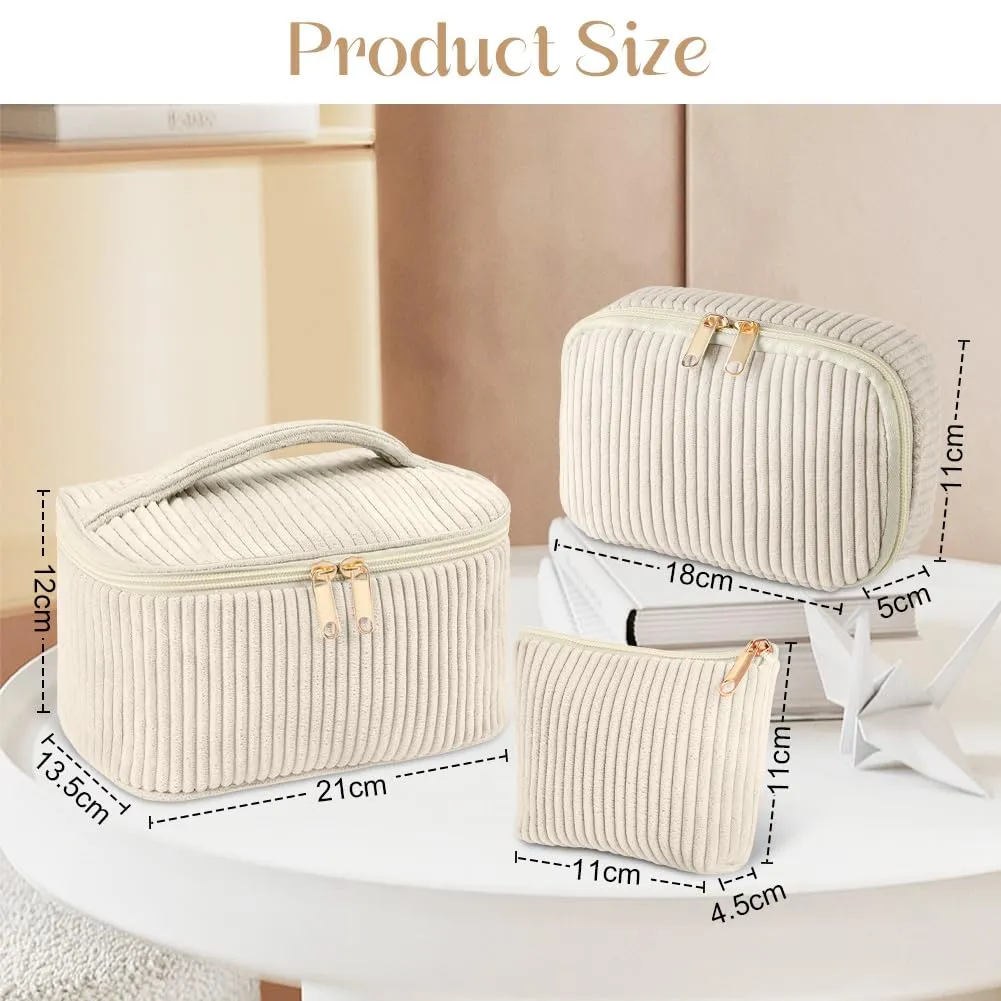 Aucuu Beauty Case, Set di 3 Borse da Toilette in Velluto a Costine per Trucco e Viaggio - immagine 2