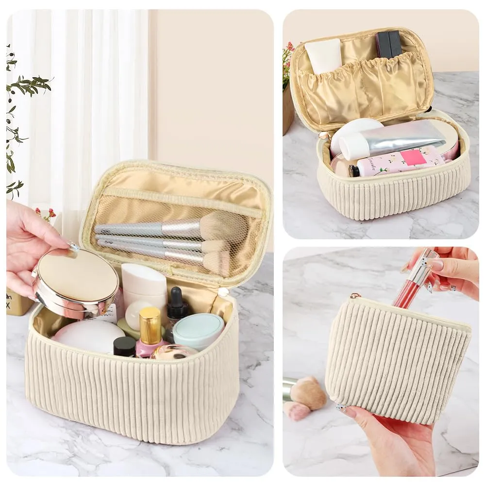 Aucuu Beauty Case, Set di 3 Borse da Toilette in Velluto a Costine per Trucco e Viaggio - immagine 3