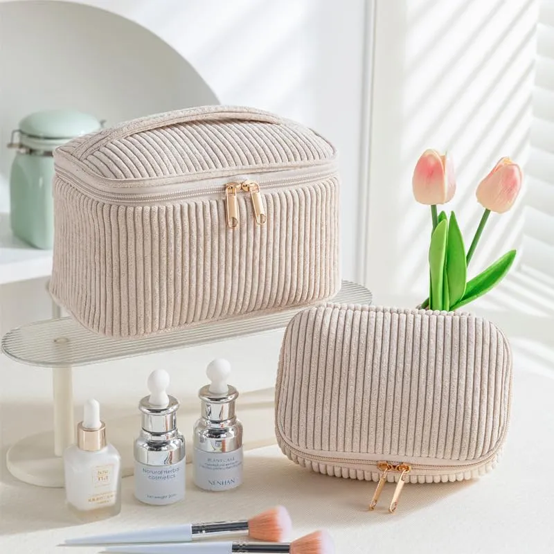 Aucuu Beauty Case, Set di 3 Borse da Toilette in Velluto a Costine per Trucco e Viaggio - immagine 5