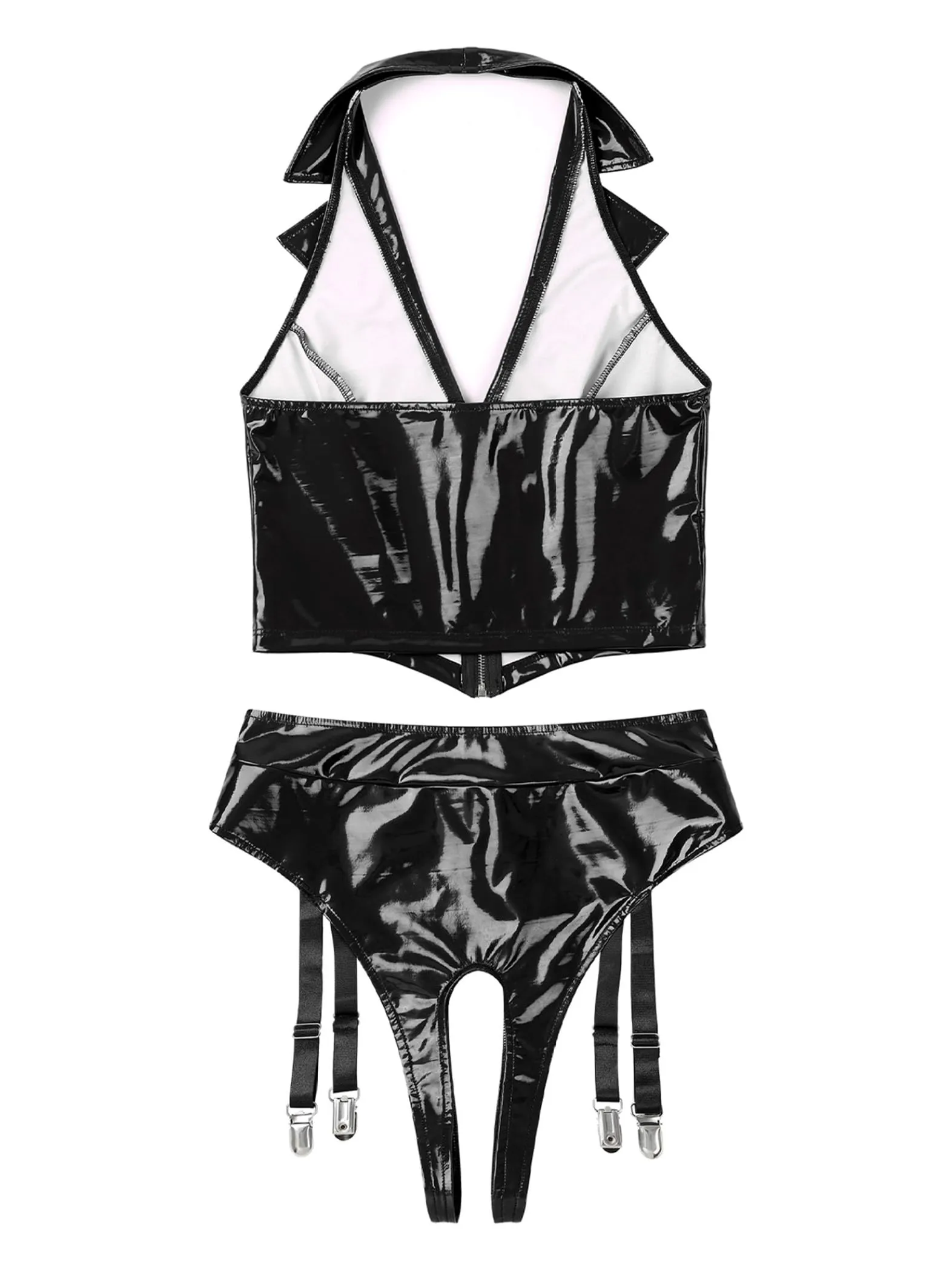 Sinleey Set Intimo in Pelle Verniciata Lucida con Giacca Crop Top e G-String Nero, Taglia L - immagine 6