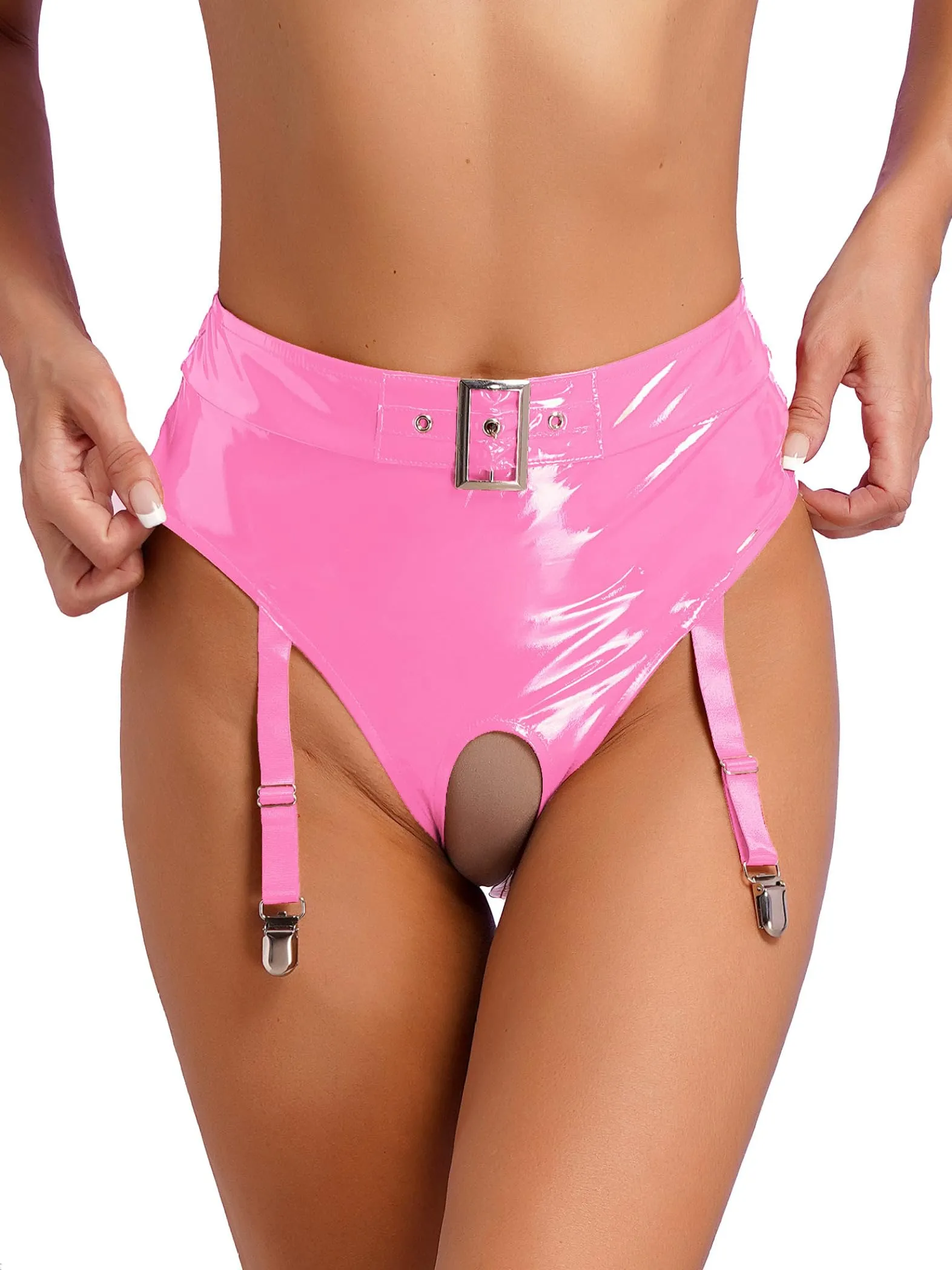Sinleey Set Intimo Pelle Verniciata Lucida con Giacca Crop Top e G-String Rosa L - immagine 5