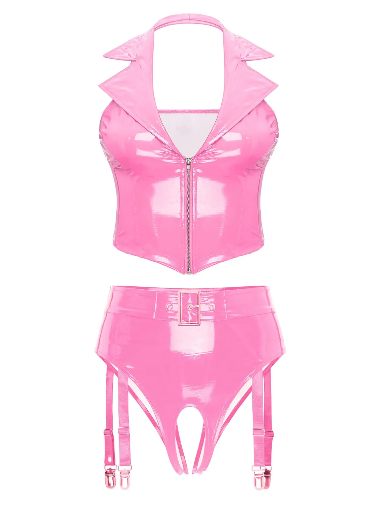 Sinleey Set Intimo Pelle Verniciata Lucida con Giacca Crop Top e G-String Rosa XXL - immagine 1