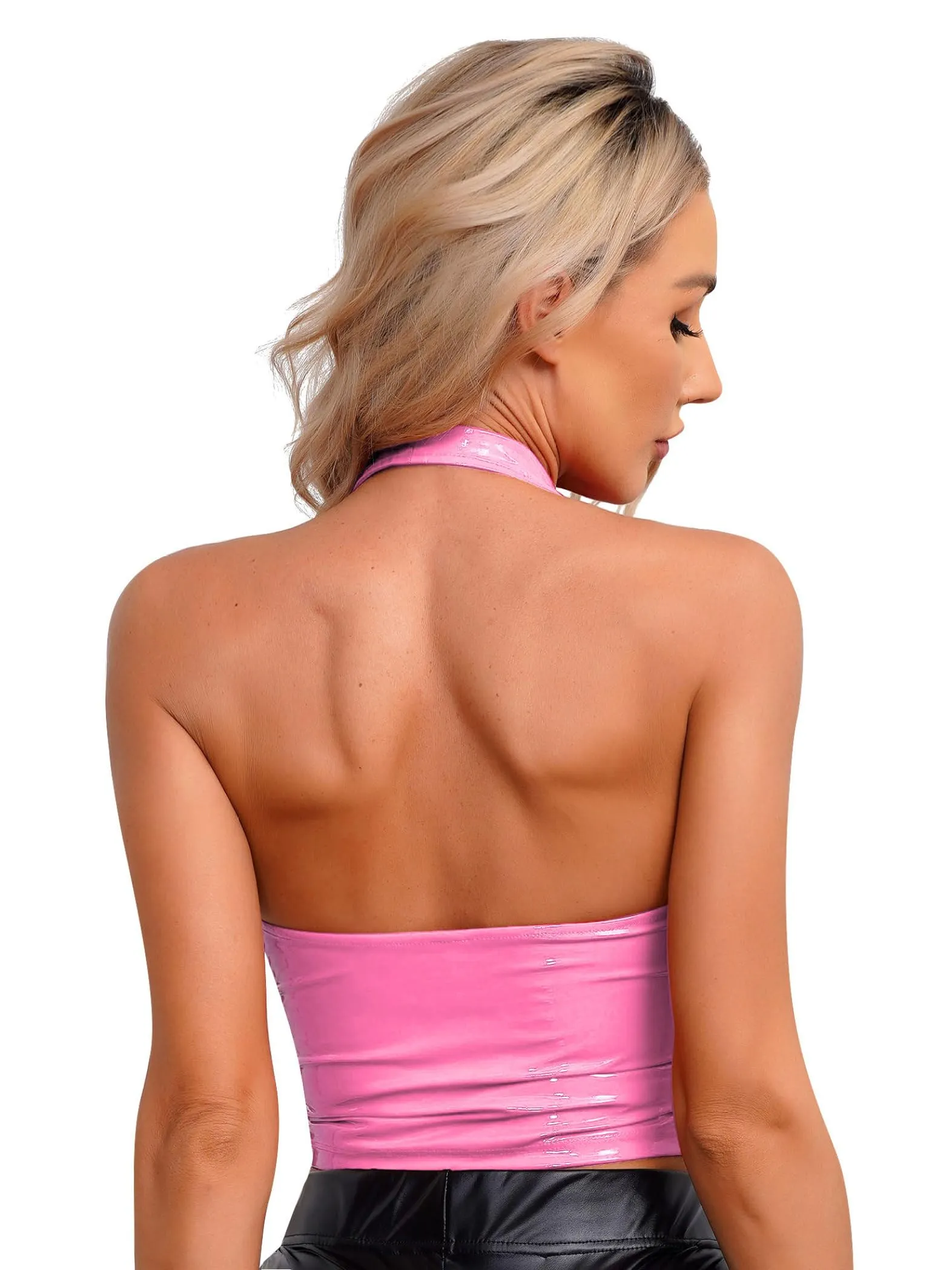 Sinleey Set Intimo Pelle Verniciata Lucida con Giacca Crop Top e G-String Rosa XXL - immagine 4