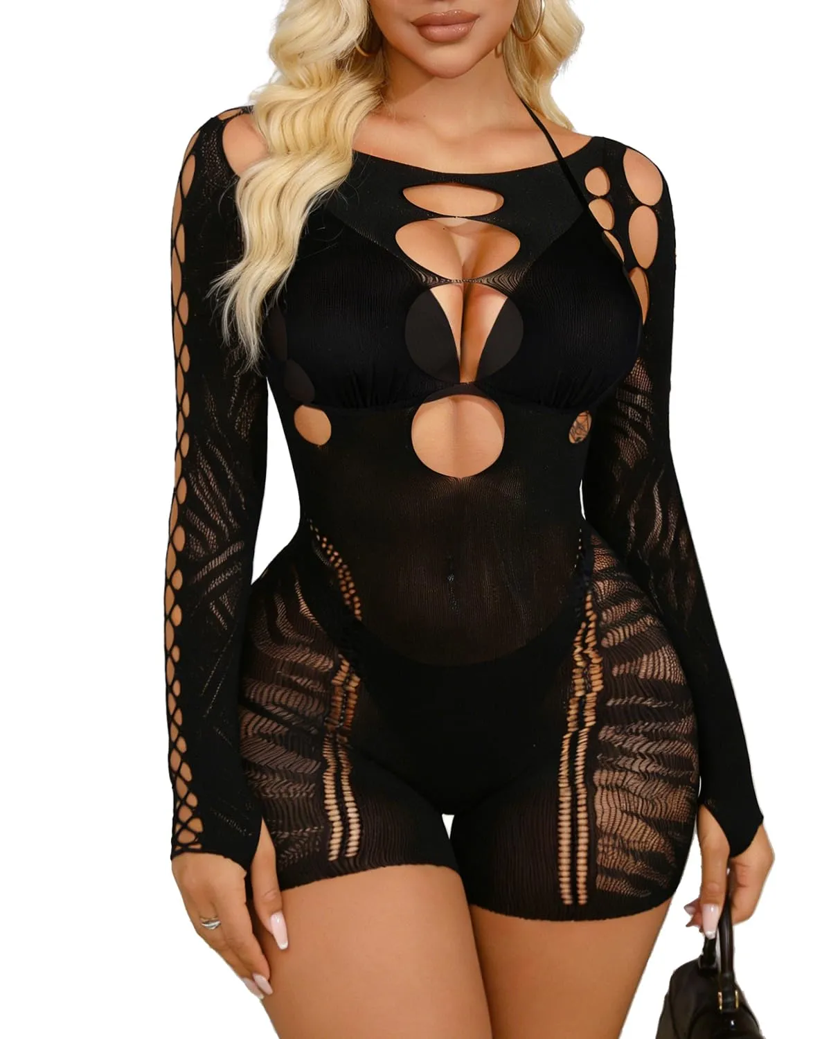 Buitifo Donna Lingerie Fishnet Bodystocking Jumpsuit Romper Nero BM, M - immagine 1