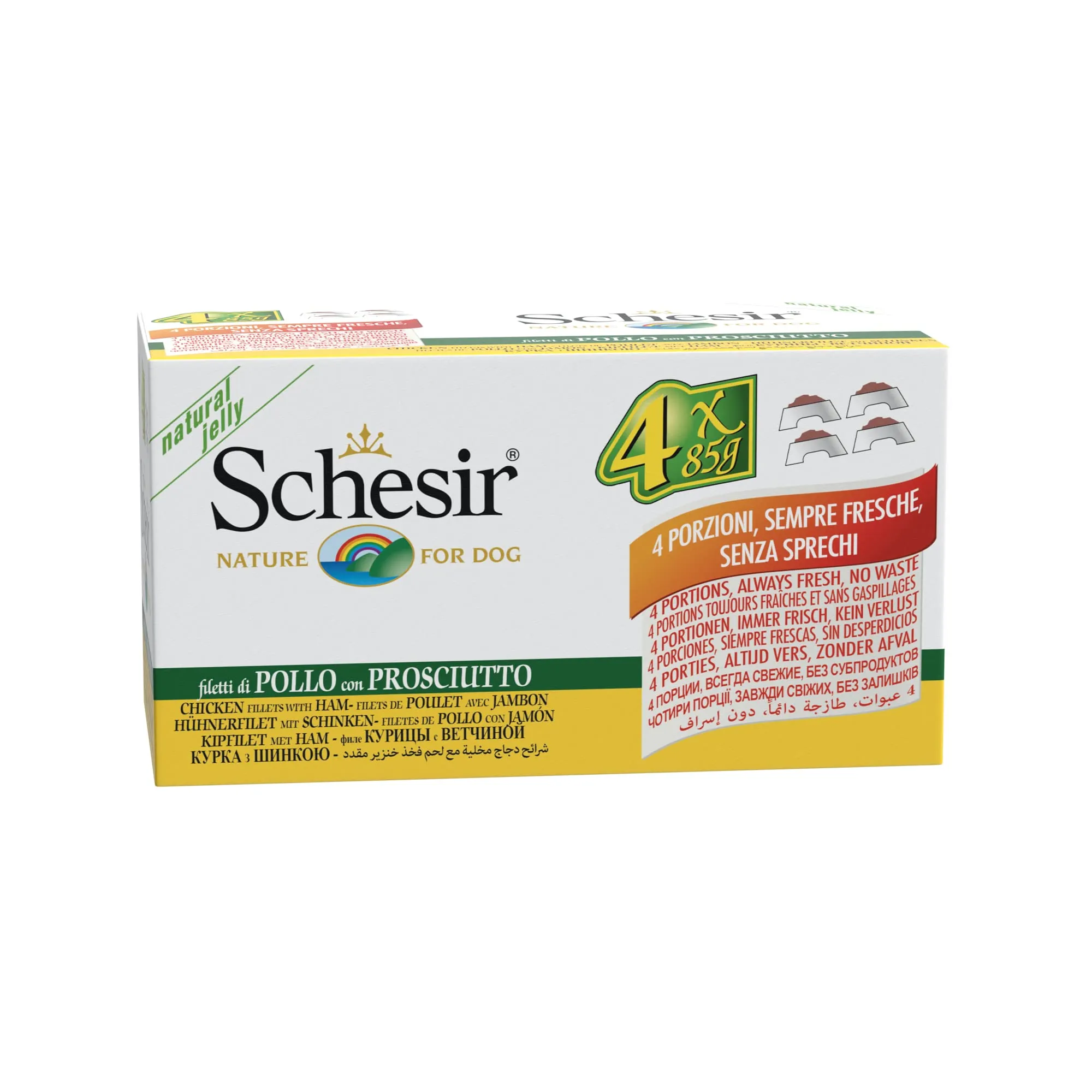 Schesir Cibo Umido per Cani Adulti Pollo e Prosciutto in Morbida Gelatina, 24 x 85g - immagine 1