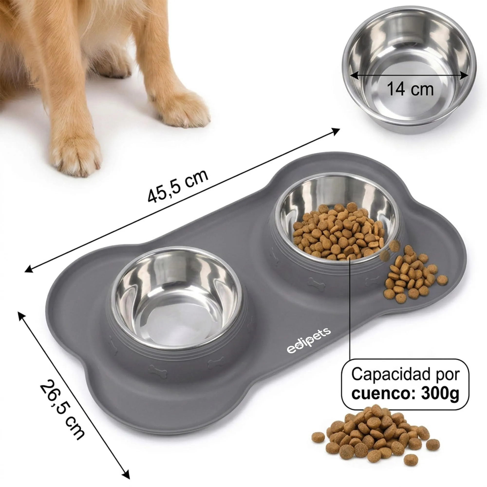Edipets Ciotole per Cani e Gatti, Doppio Piatto Estraibile in Acciaio Inox con Base in Silicone Antiscivolo, Grigio - 480g - immagine 2