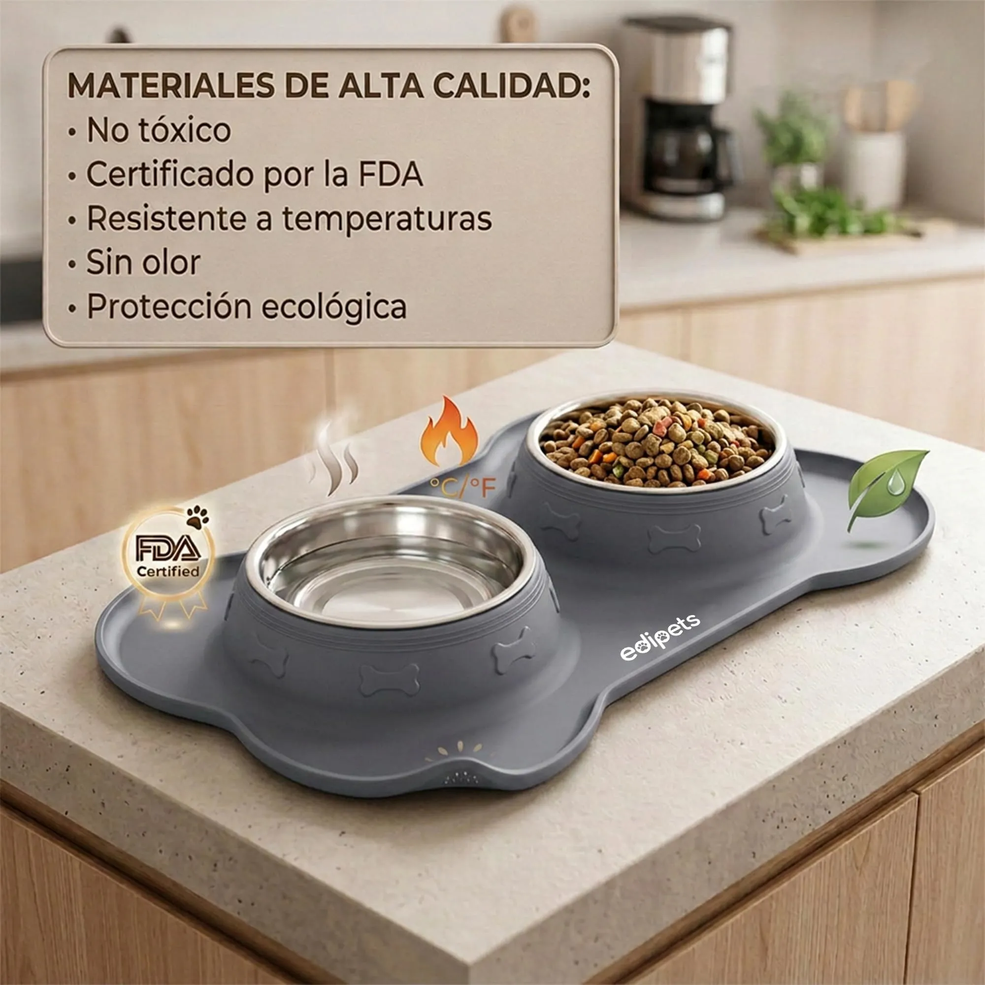 Edipets Ciotole per Cani e Gatti, Doppio Piatto Estraibile in Acciaio Inox con Base in Silicone Antiscivolo, Grigio - 480g - immagine 3