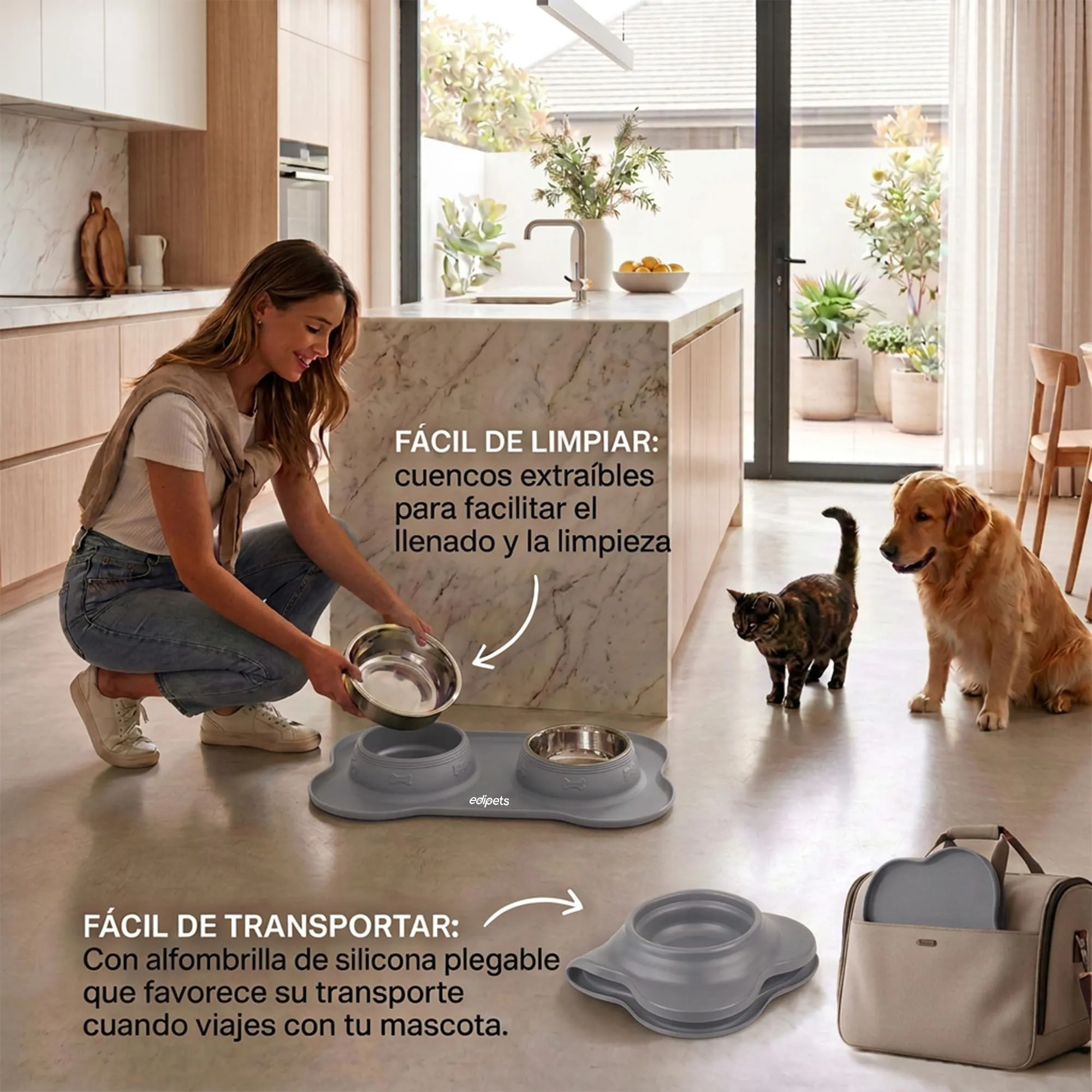 Edipets Ciotole per Cani e Gatti, Doppio Piatto Estraibile in Acciaio Inox con Base in Silicone Antiscivolo, Grigio - 480g - immagine 6